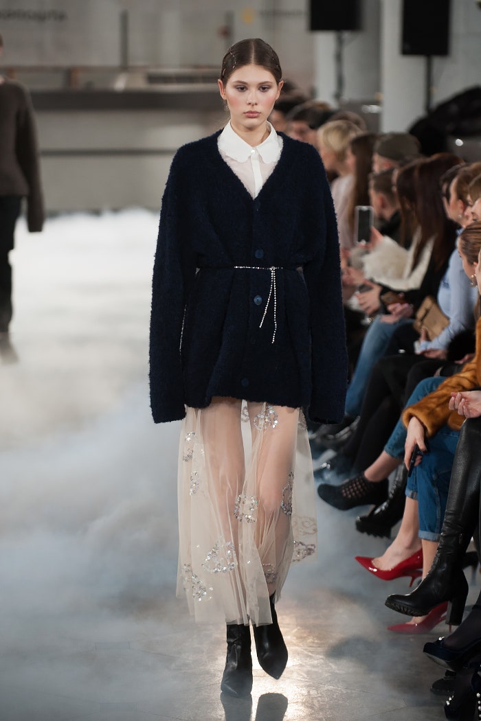 navy oversized cardigan and white maxi dress