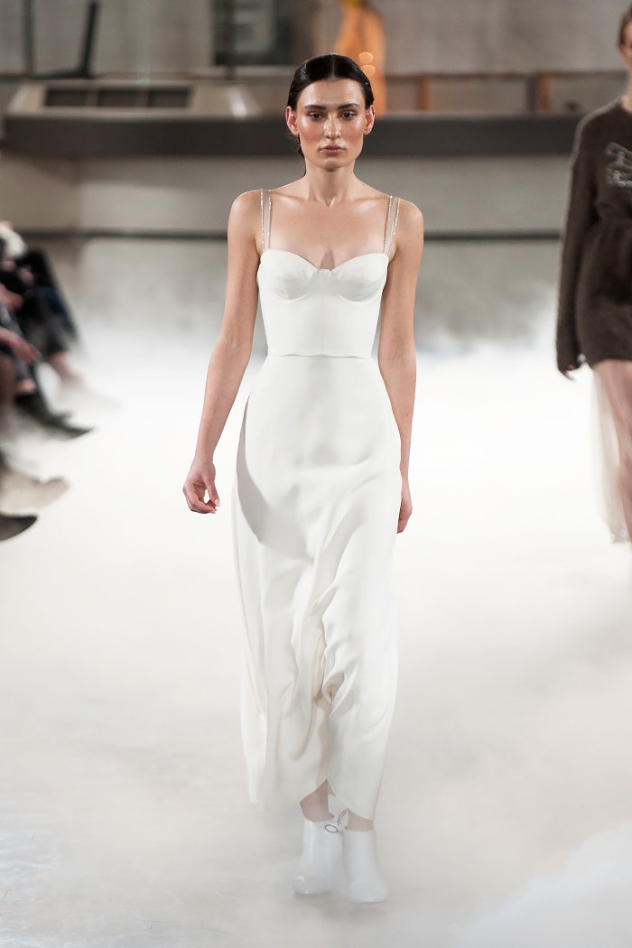 white silk fitted gown