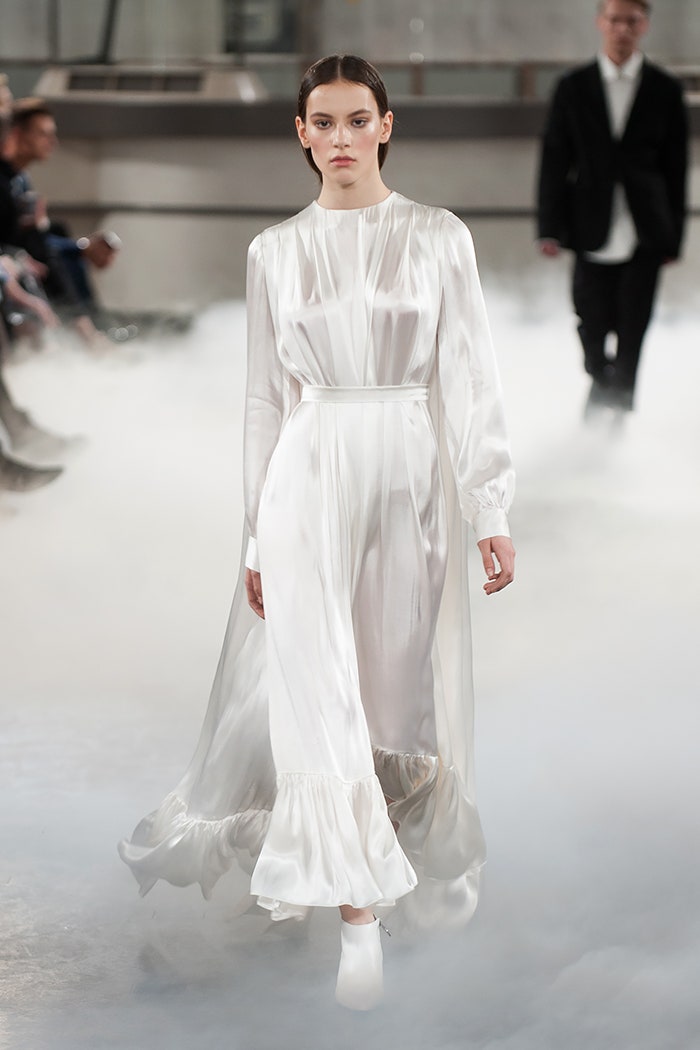 white silk long-sleeve maxi dress