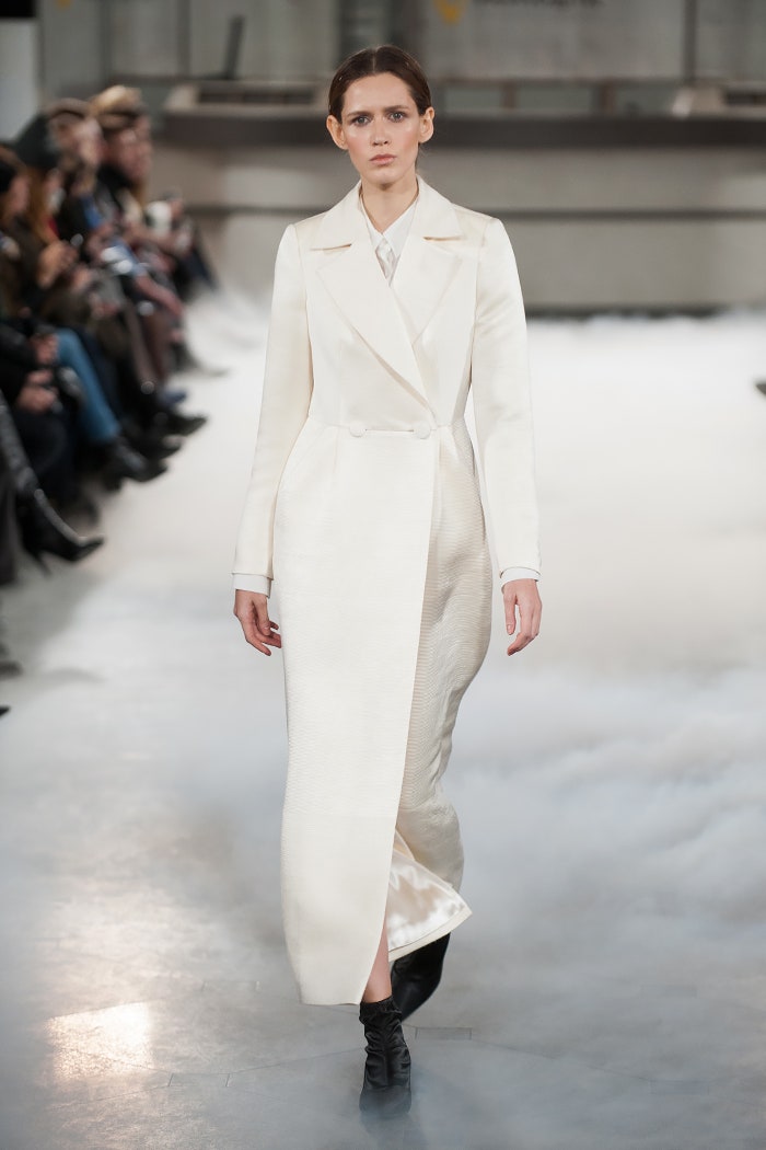 white silk belted coat