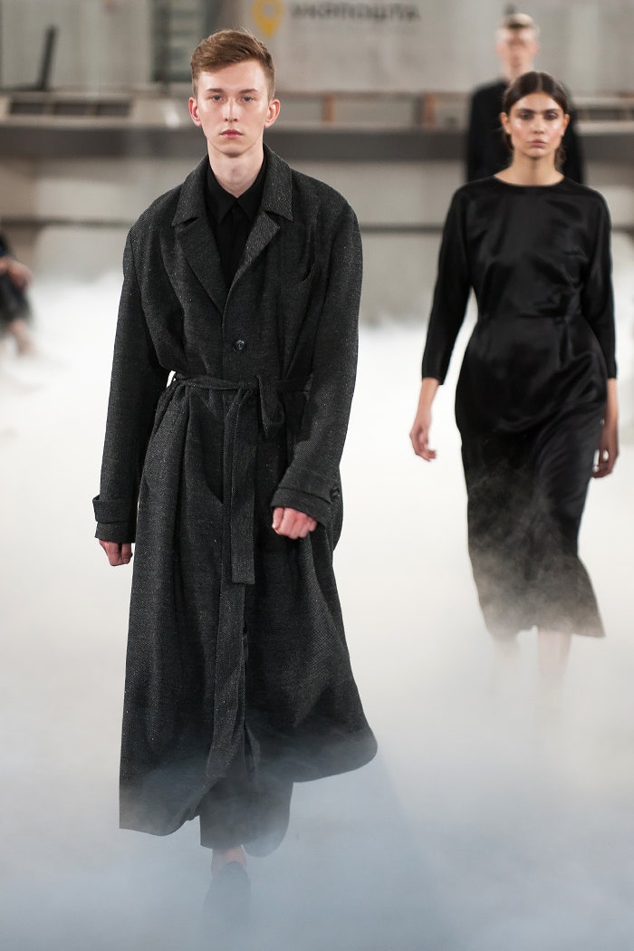 black wool coat and silk dress