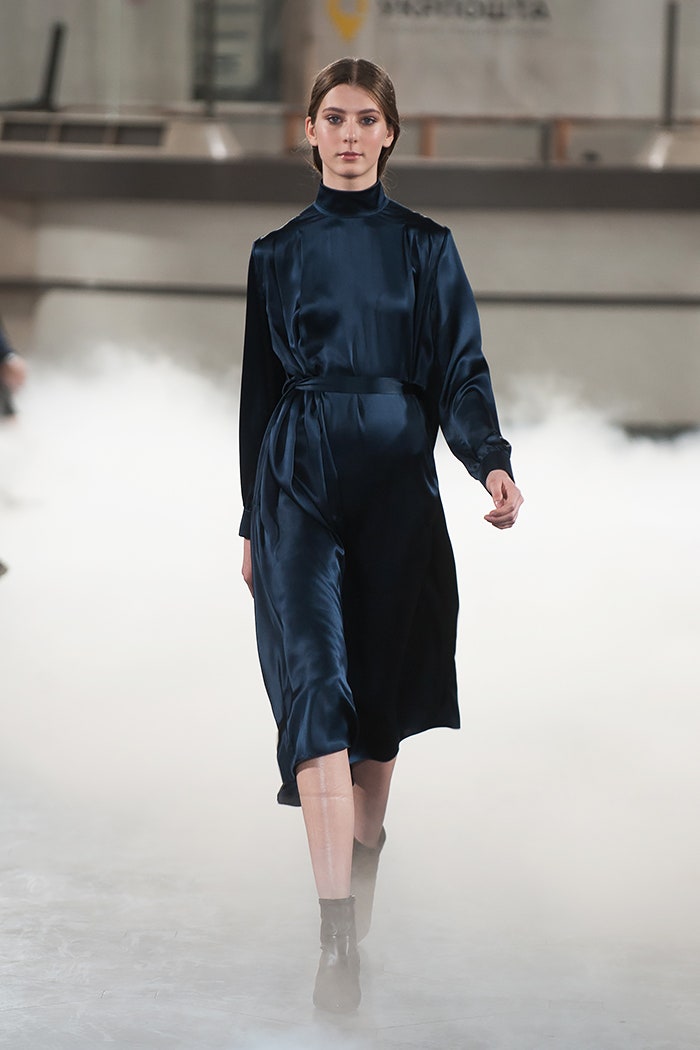 blue silk long-sleeve belted dress