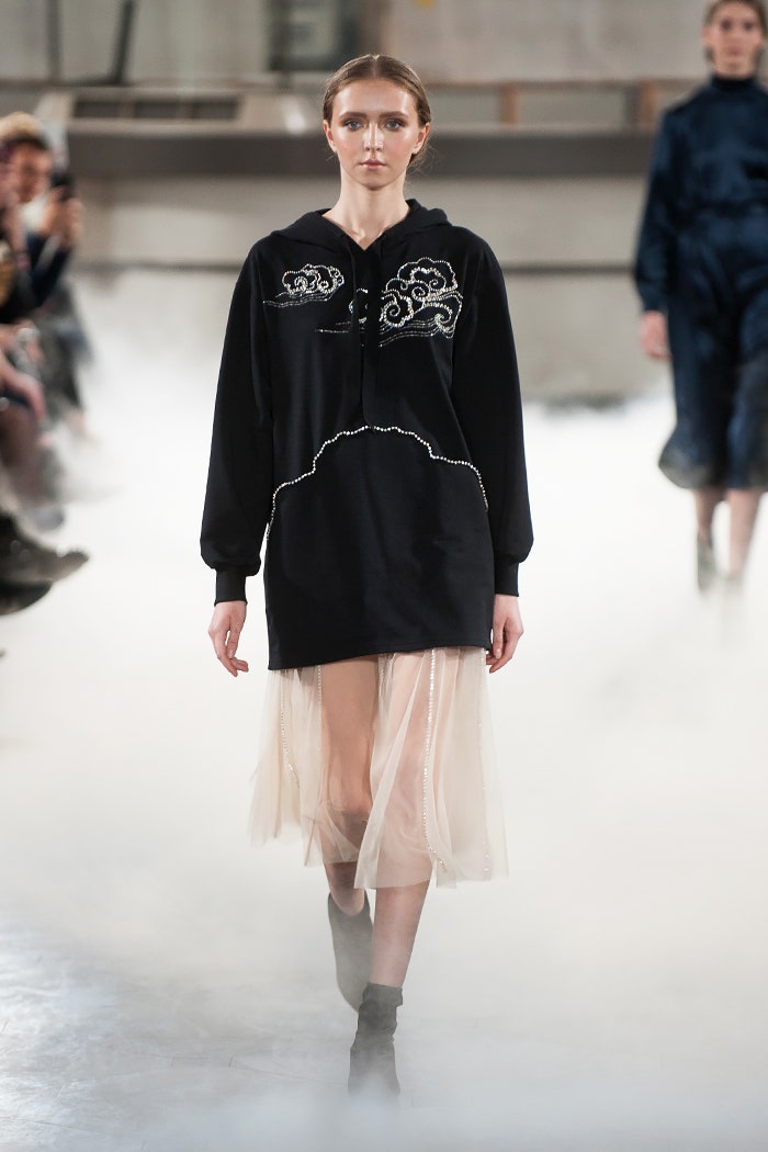 black hoodie with beige tulle skirt