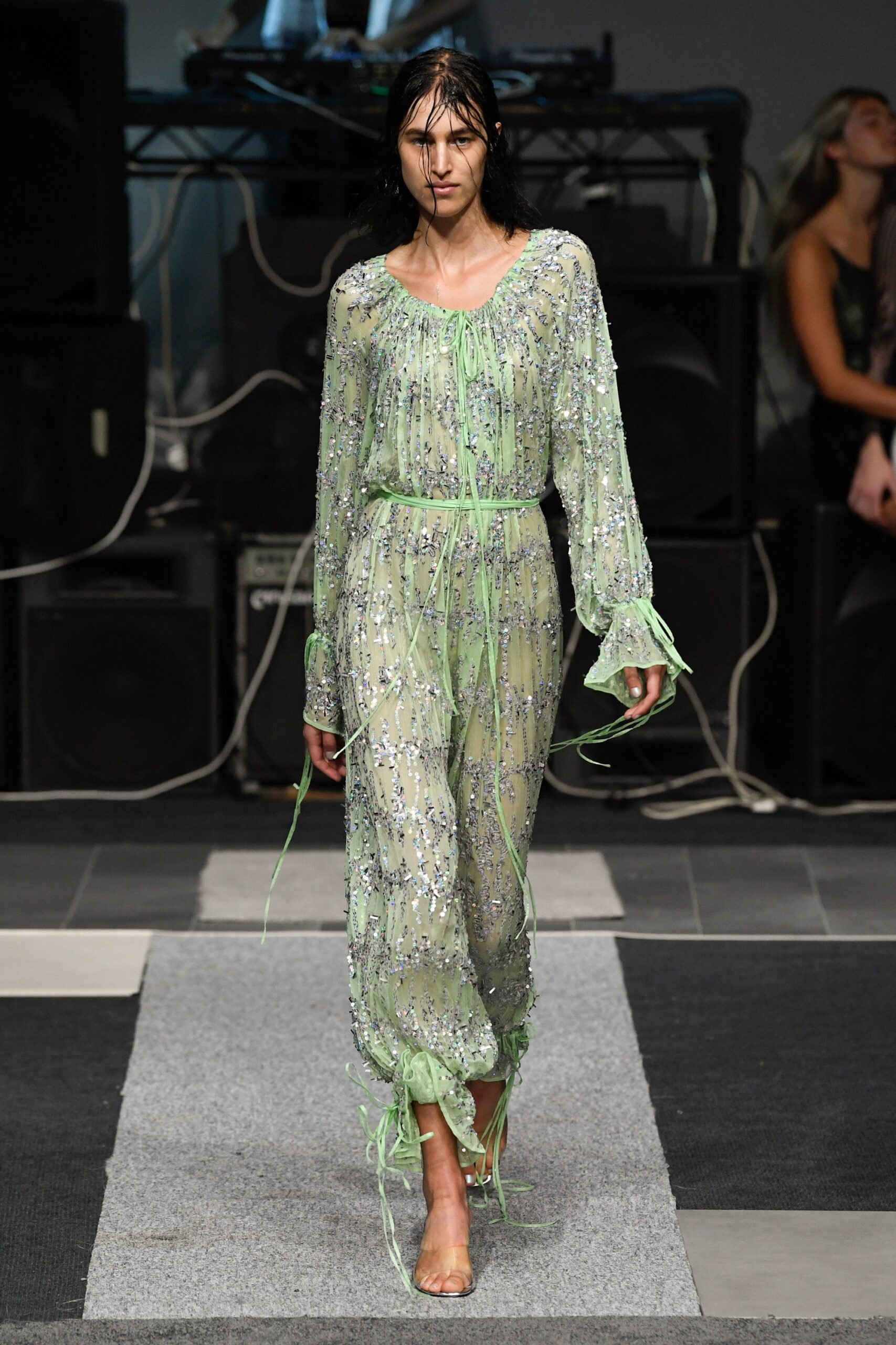 green silk embroidered jumpsuit