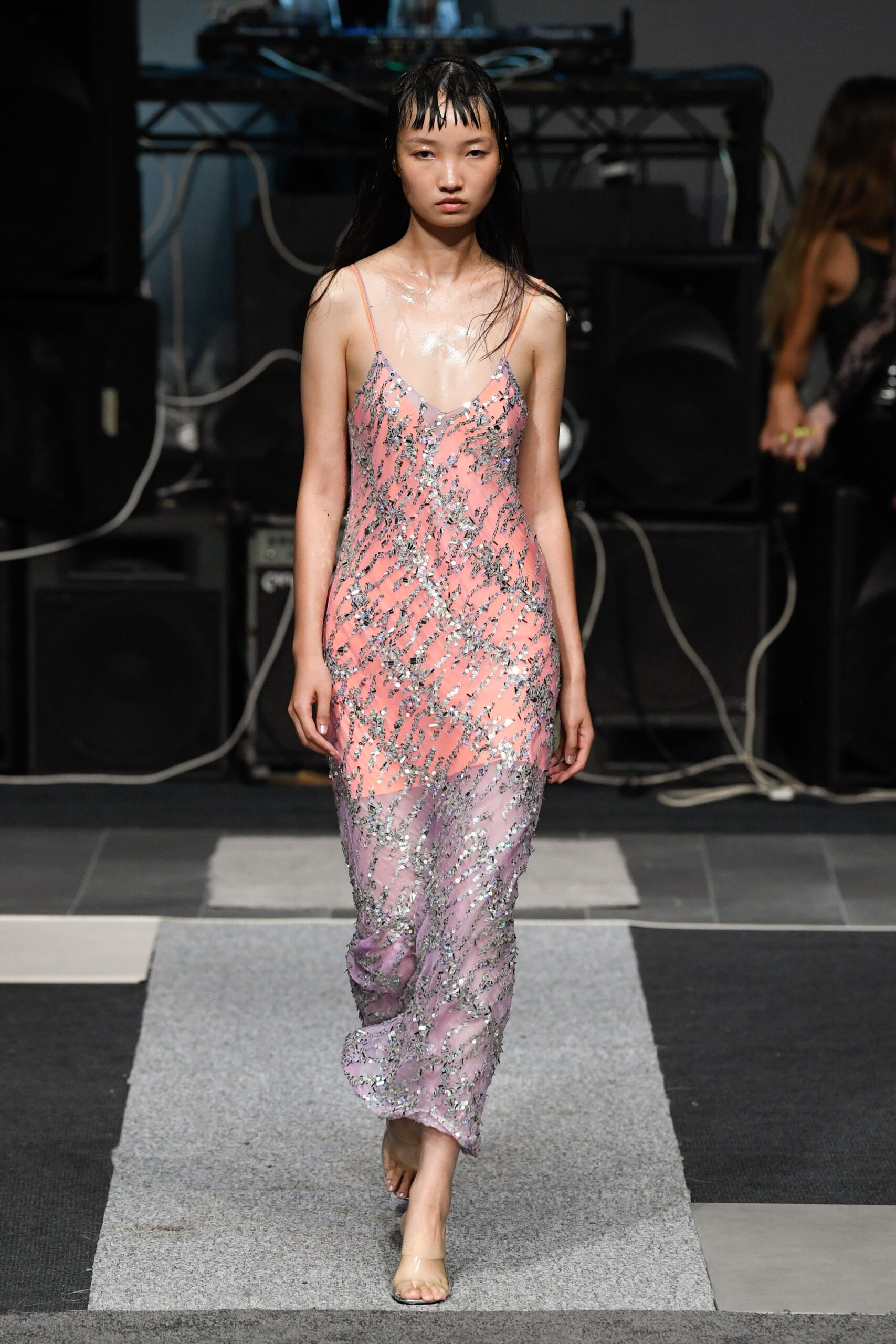 pink purple sequined midi dress