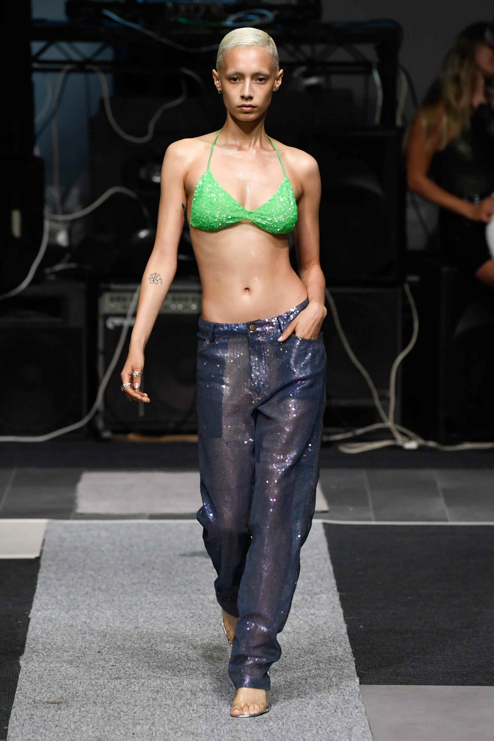 green sequin bikini with blue pants