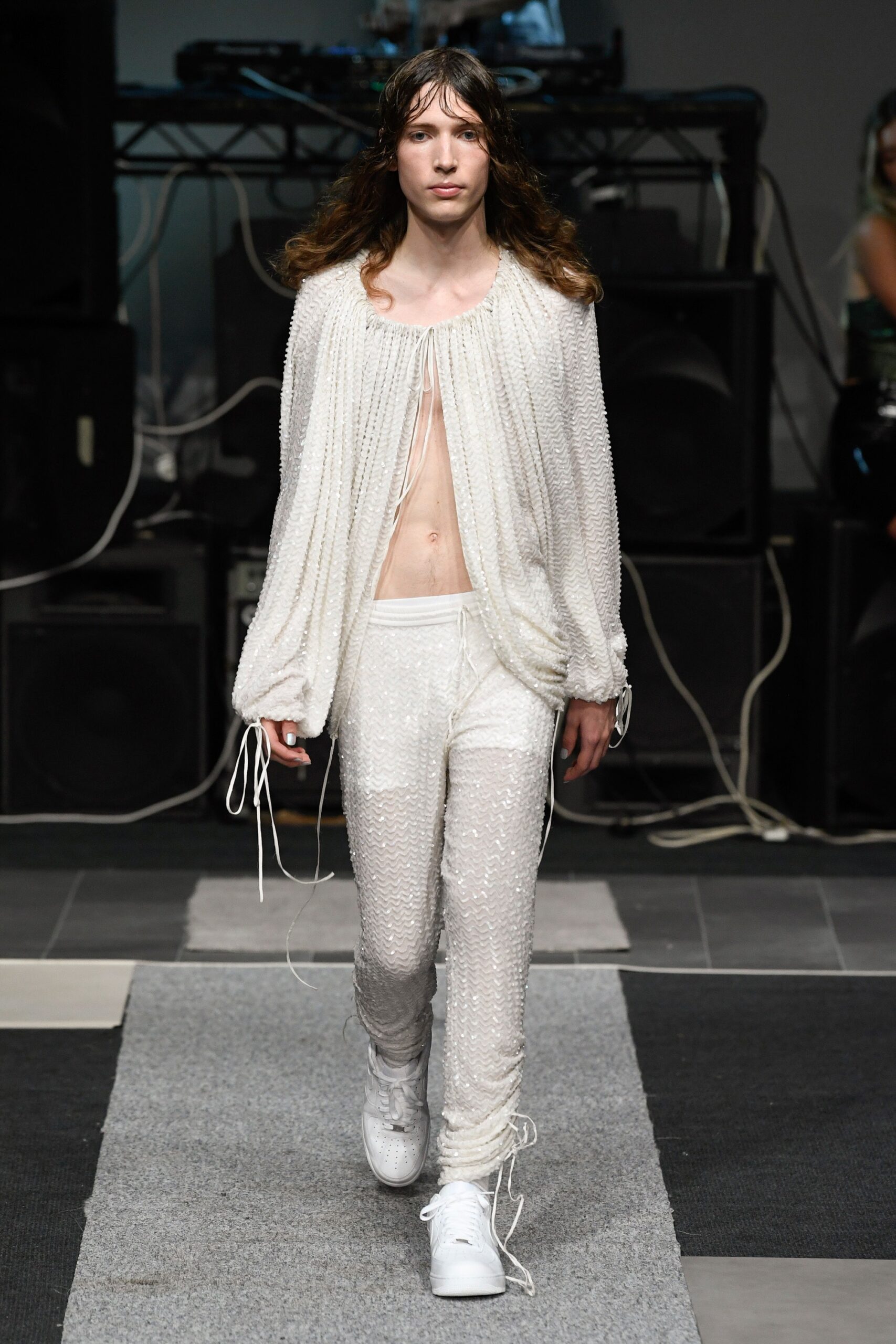 white silk long-sleeve collared relaxed draped flowing top