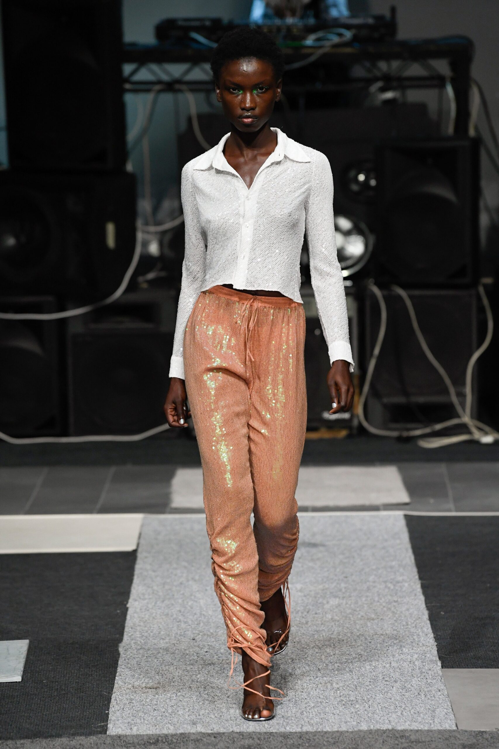 white silk shirt with sequined pants