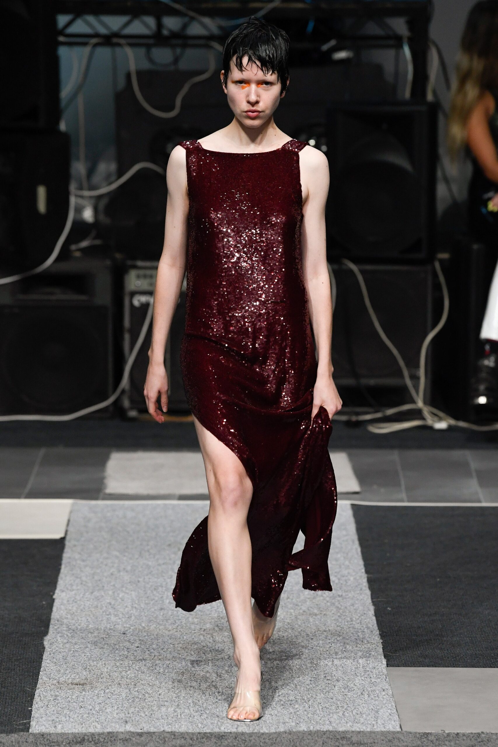 maroon sequin sleeveless dress