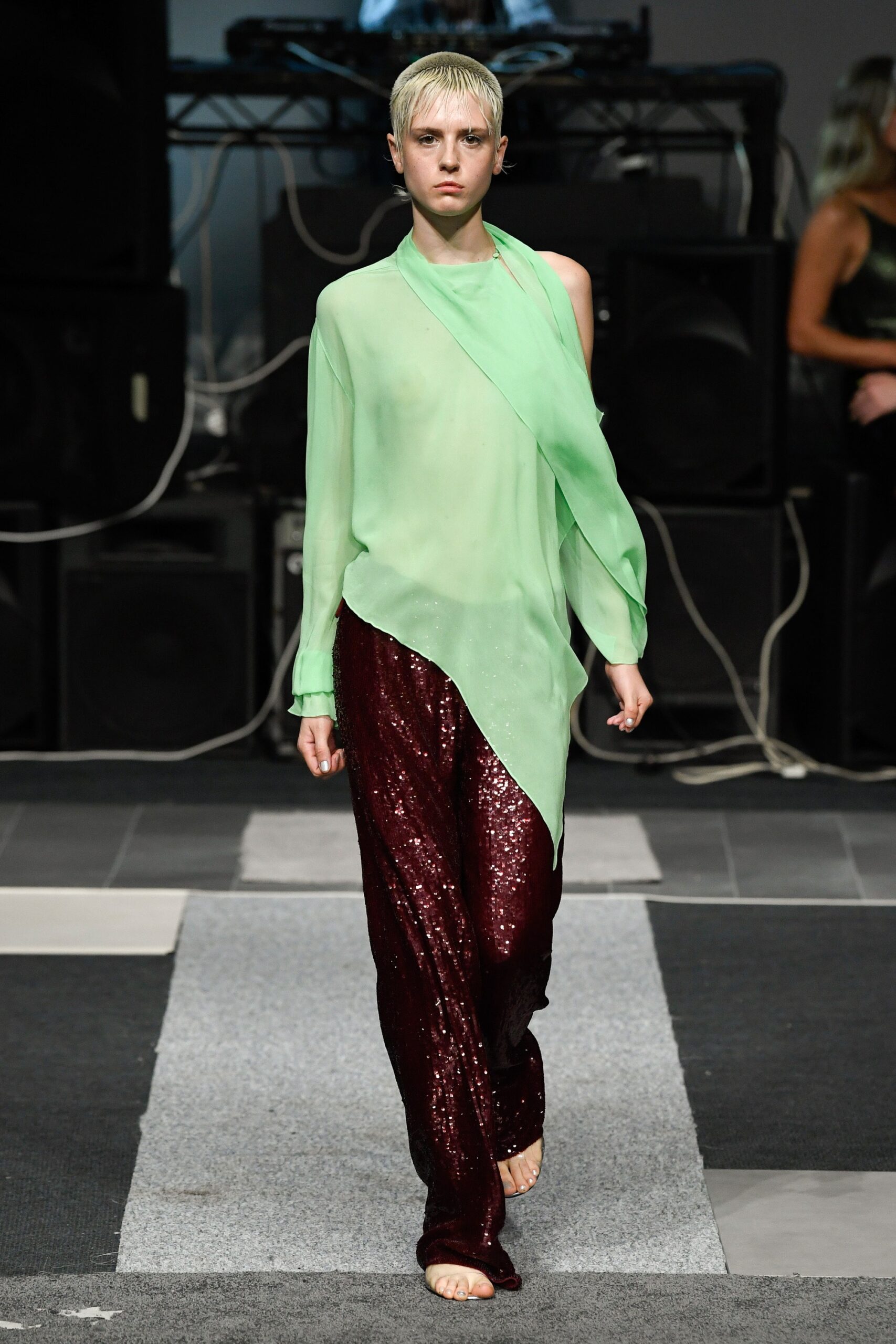 green chiffon long-sleeve off-shoulder relaxed draped sheer blouse
