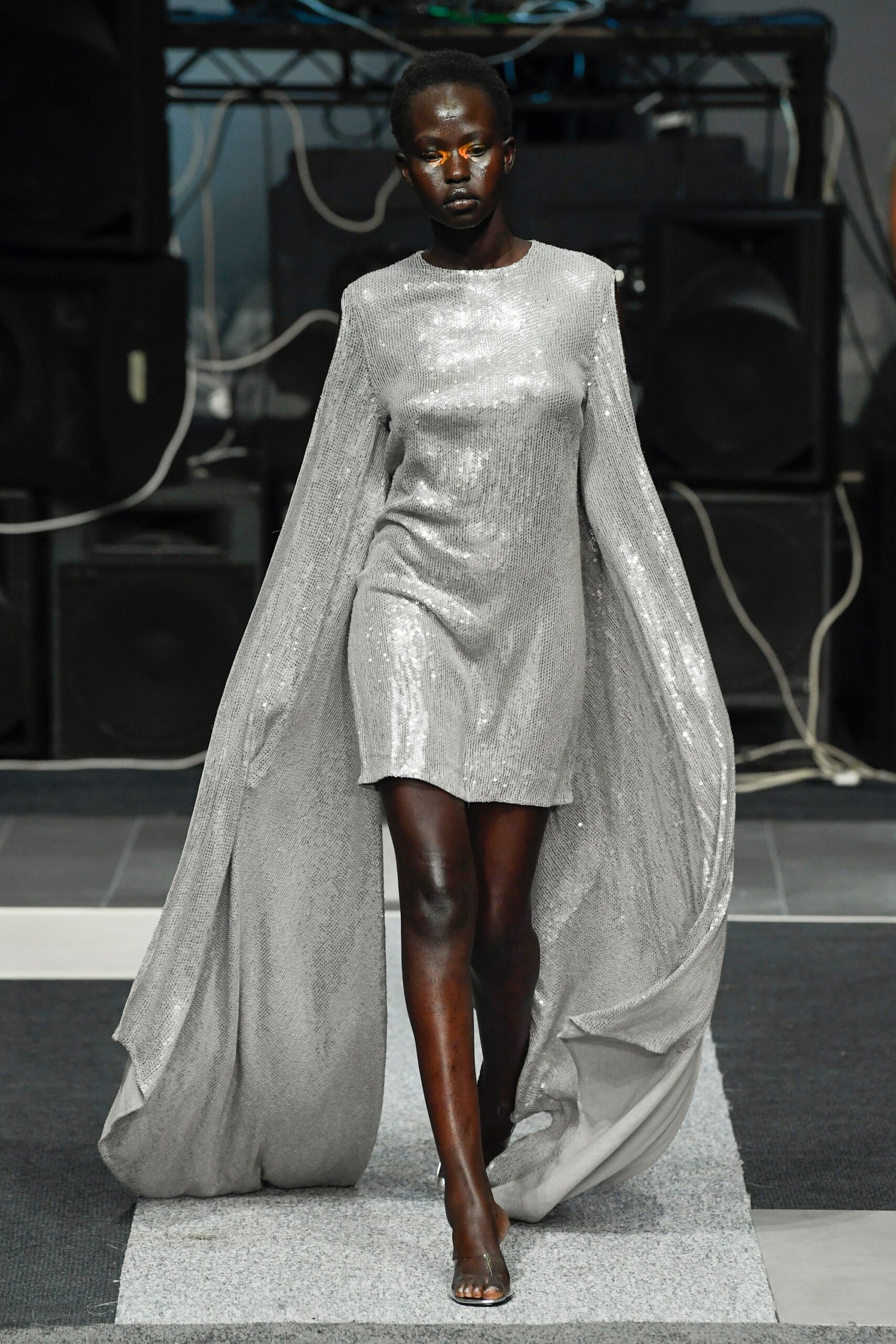 shiny silver draped mini dress