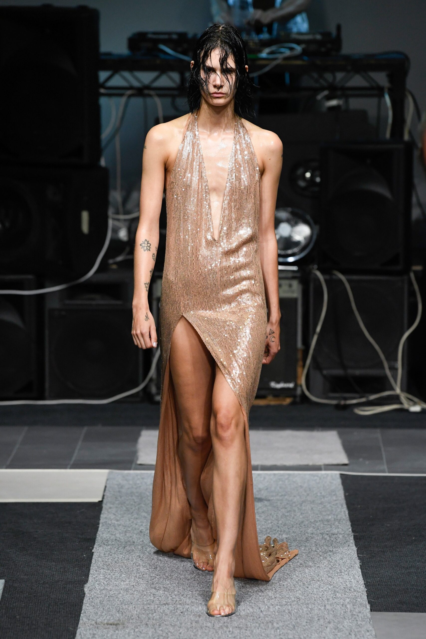 gold sequin sleeveless gown