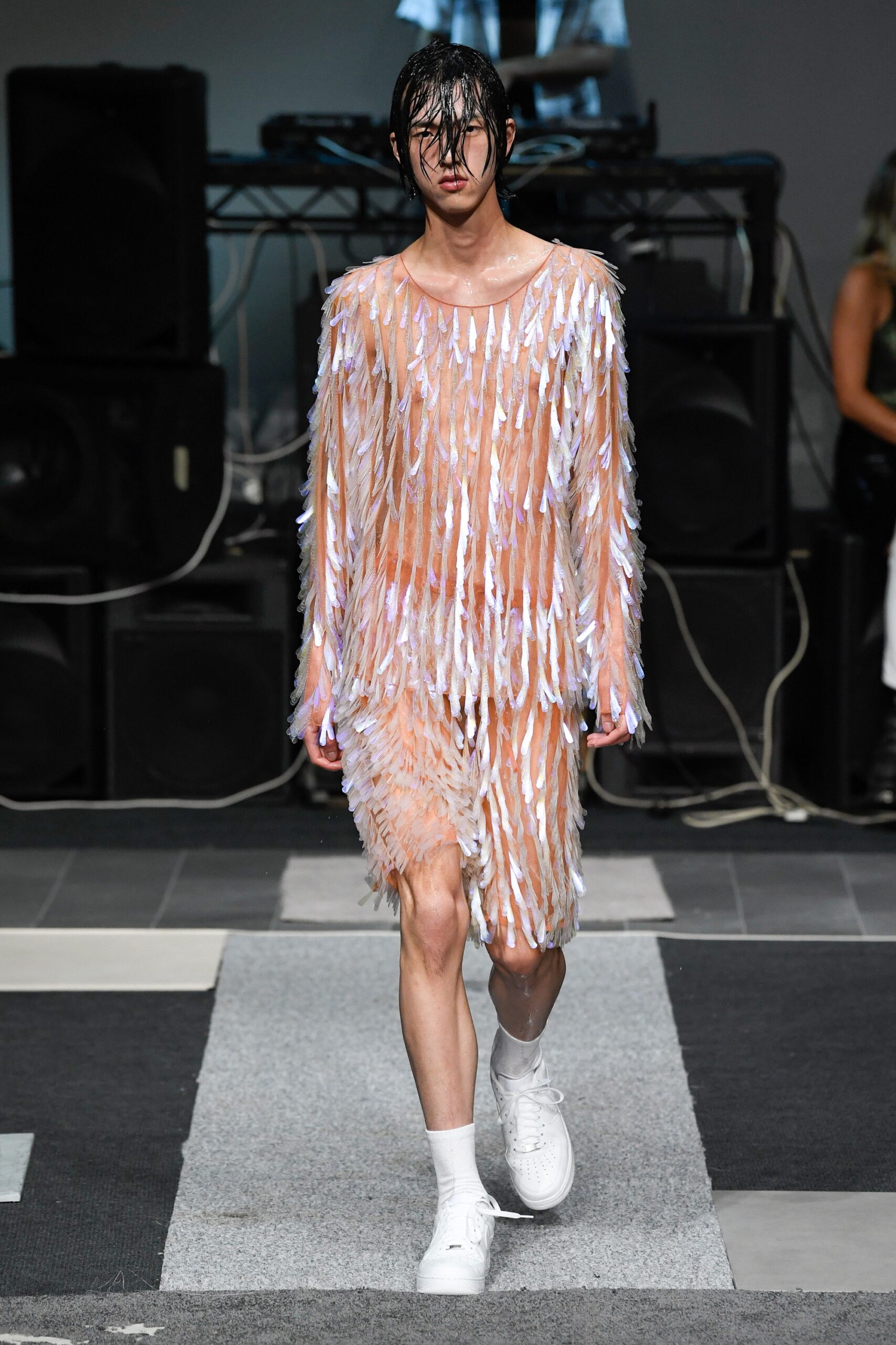 pink mesh fringed dress