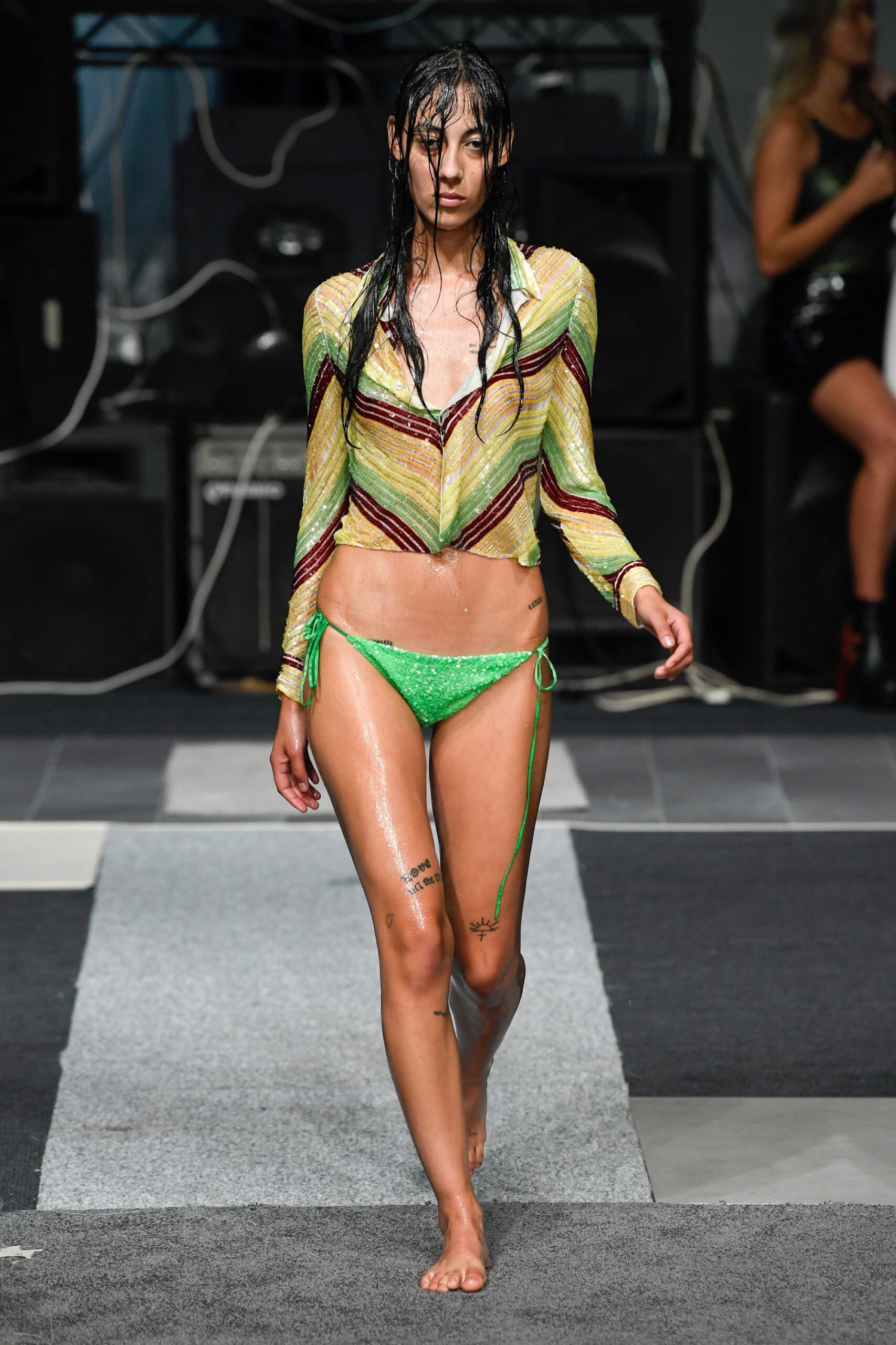 striped mesh top and green bikini