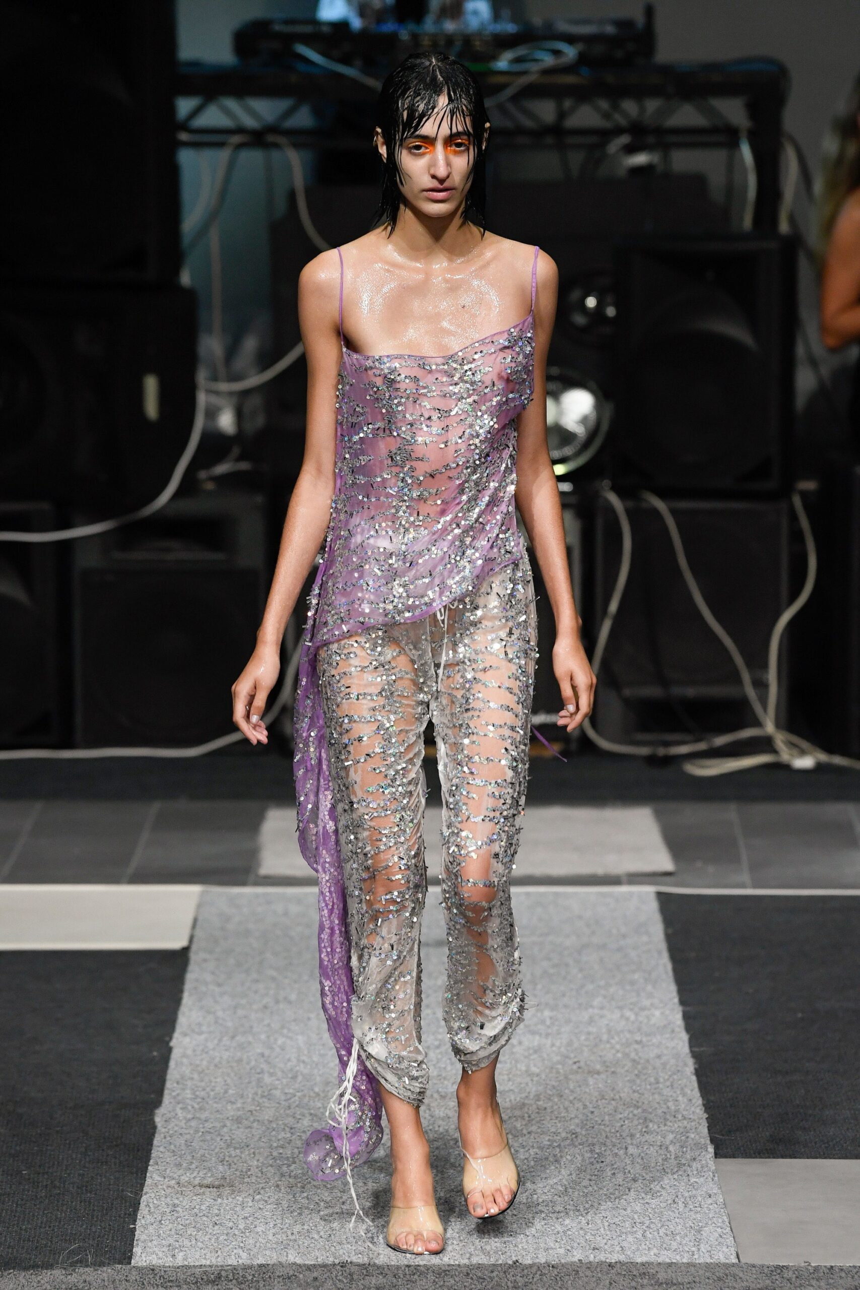 purple sequined sheer jumpsuit