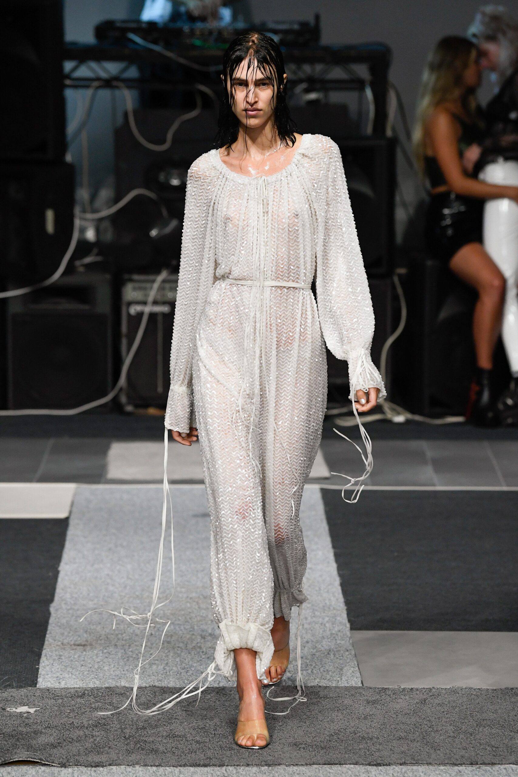 white sheer pleated jumpsuit