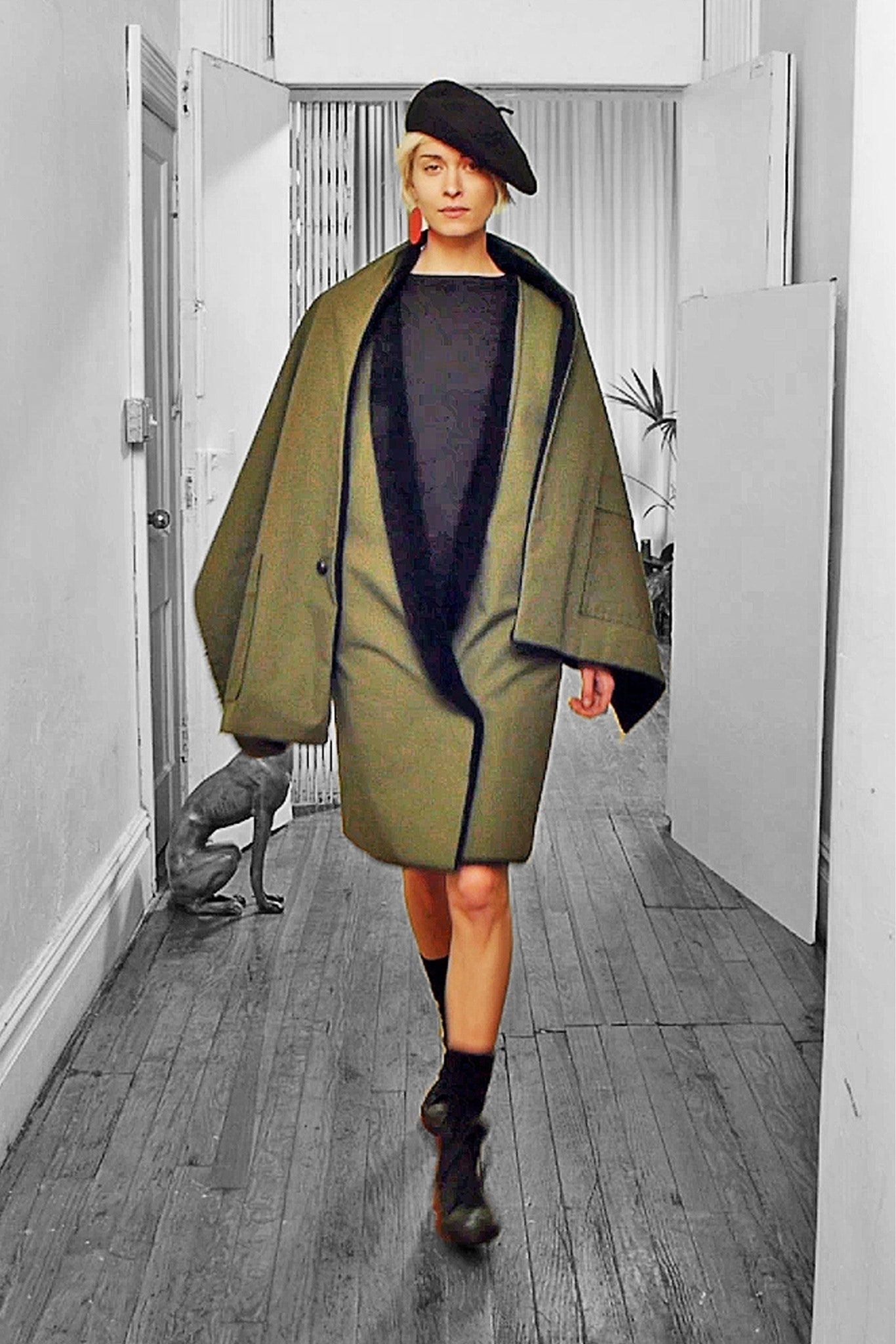 green wool coat with black dress