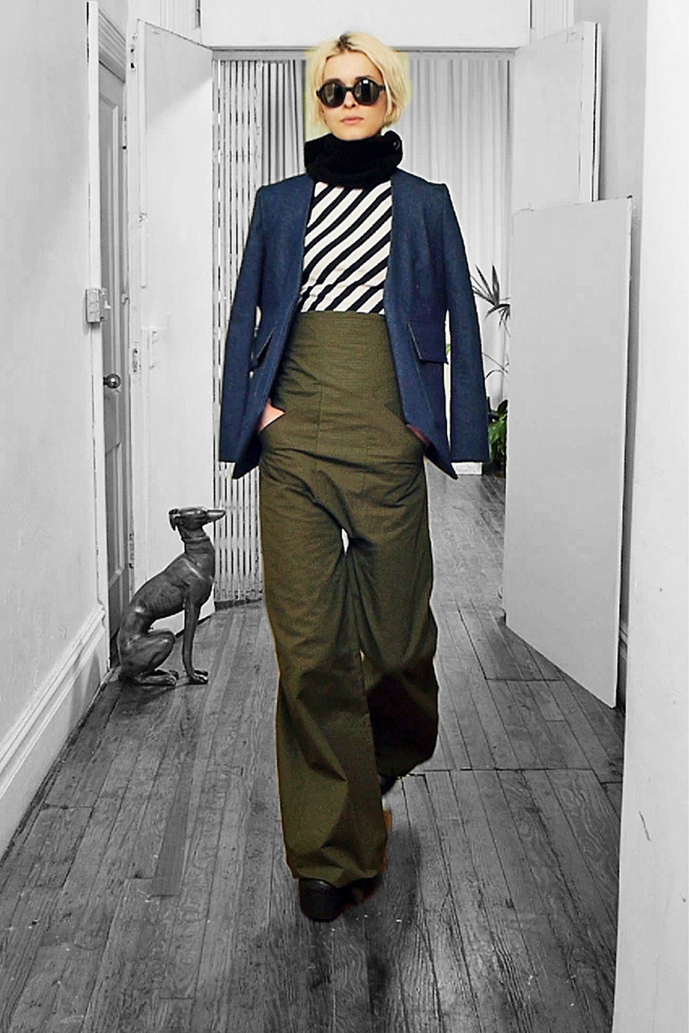 green cotton relaxed wide-leg pants