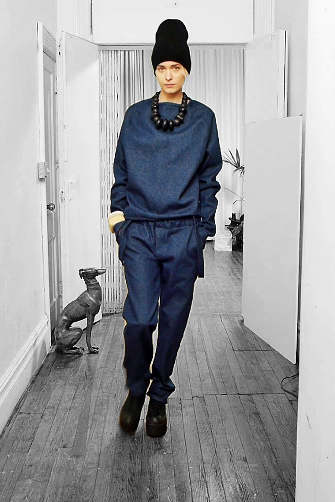 blue denim long-sleeve collared relaxed sweater