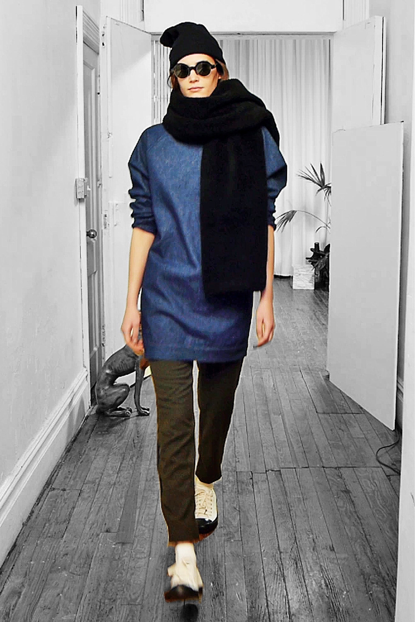 blue denim top with green pants