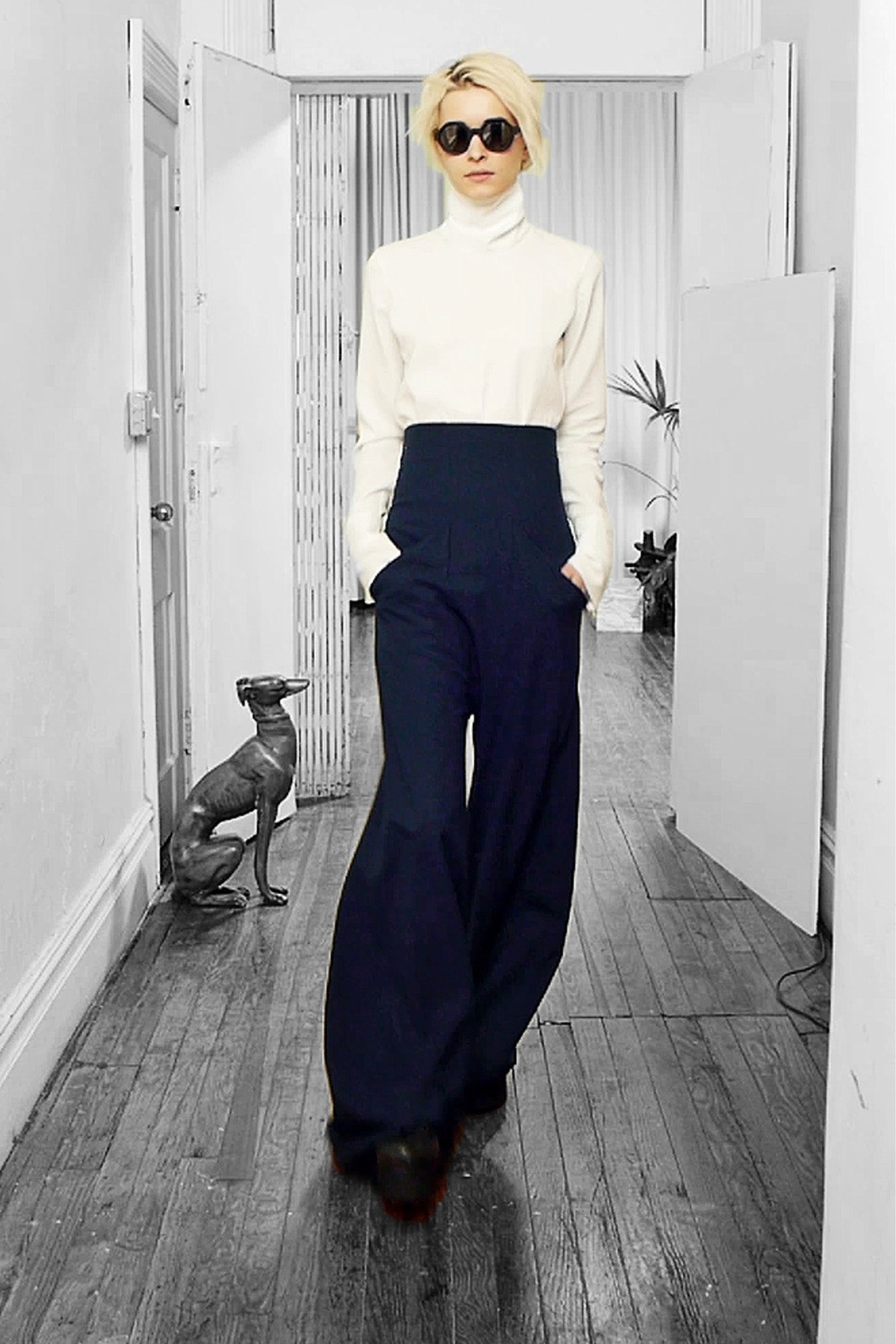 blue cotton relaxed wide-leg pants