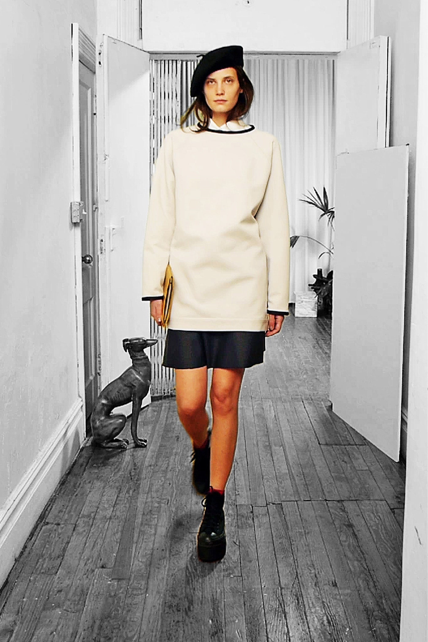 white cotton long-sleeve collared relaxed straight-leg short dress