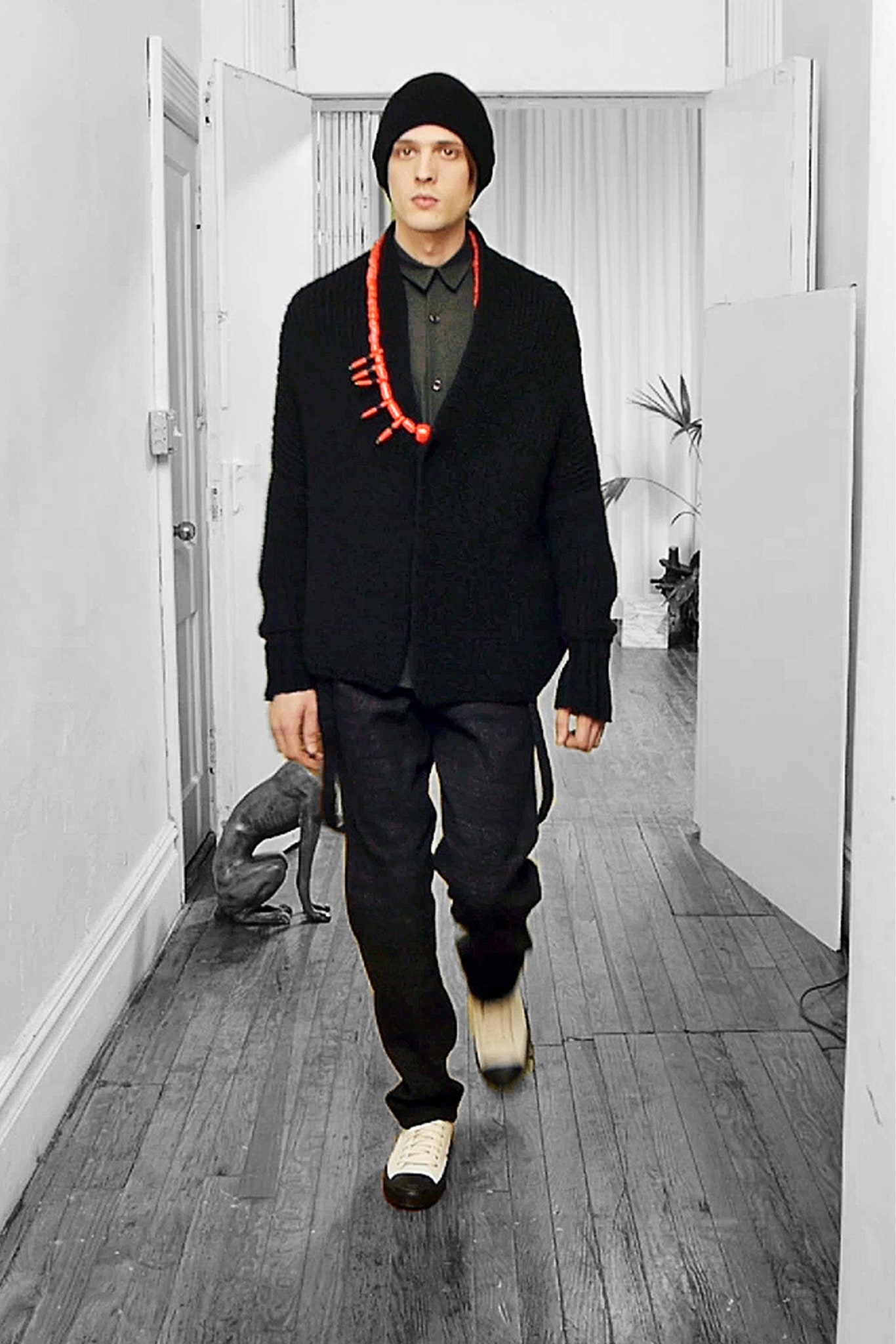 black wool cardigan with slim pants