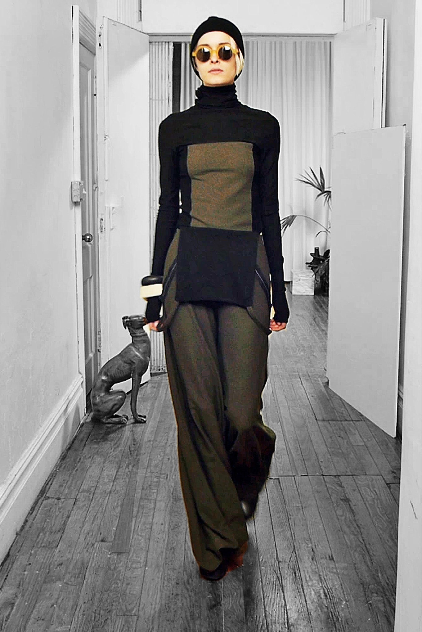 black and green color-blocked top with relaxed pants
