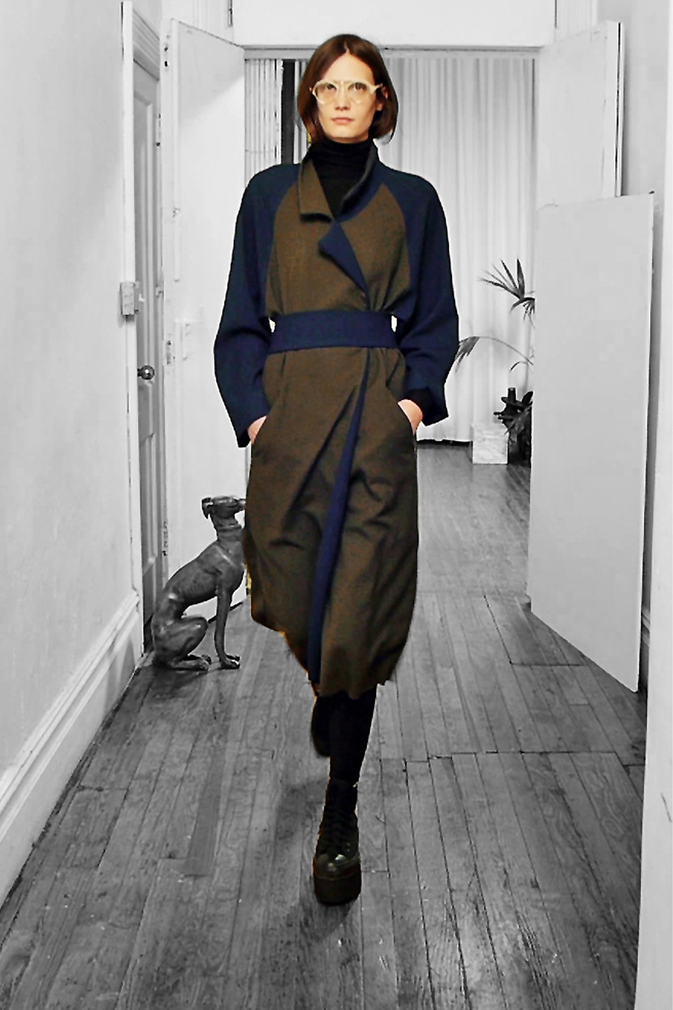gray wool long-sleeve collared relaxed belted draped coat