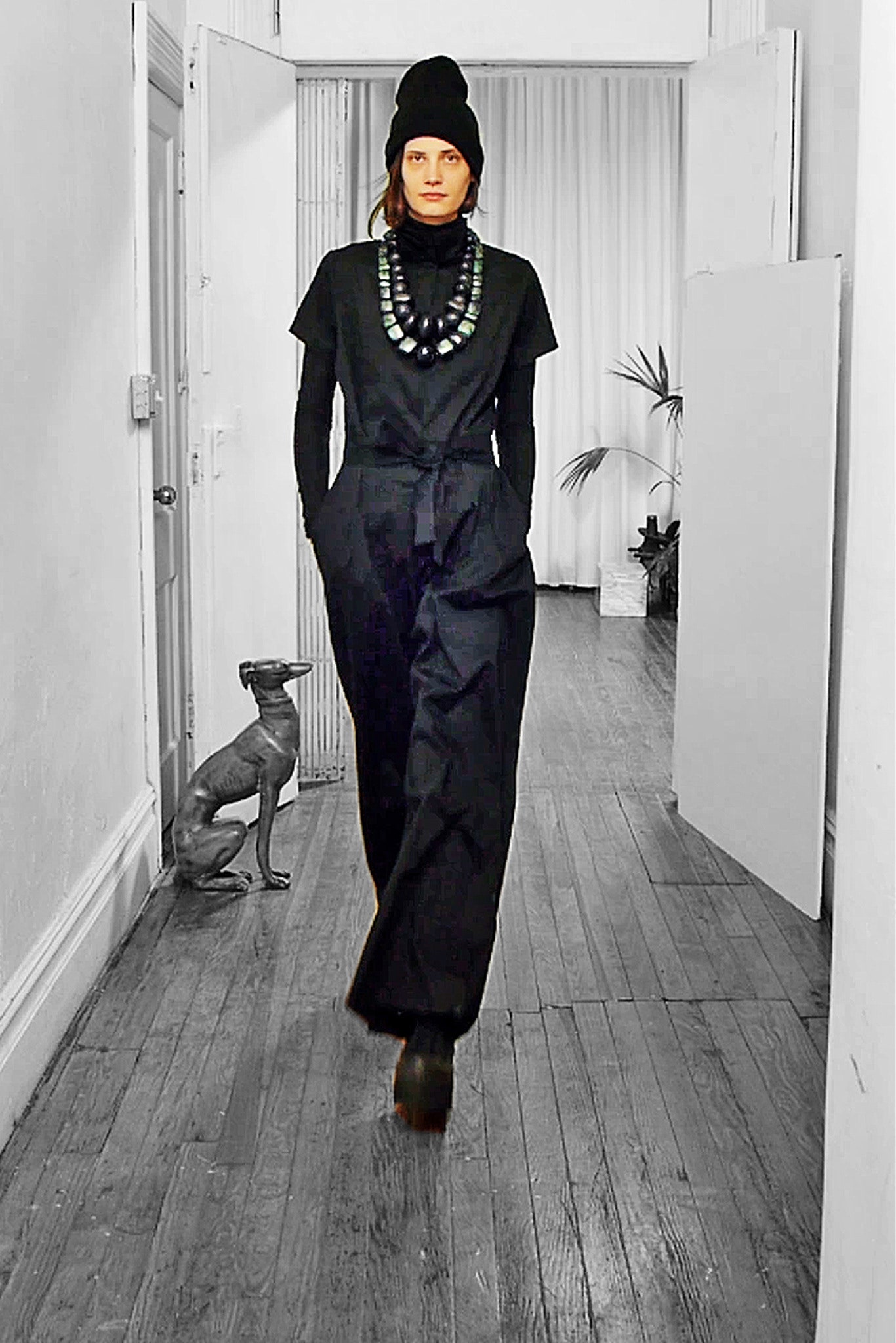 black cotton short-sleeve v-neck fitted wide-leg jumpsuit