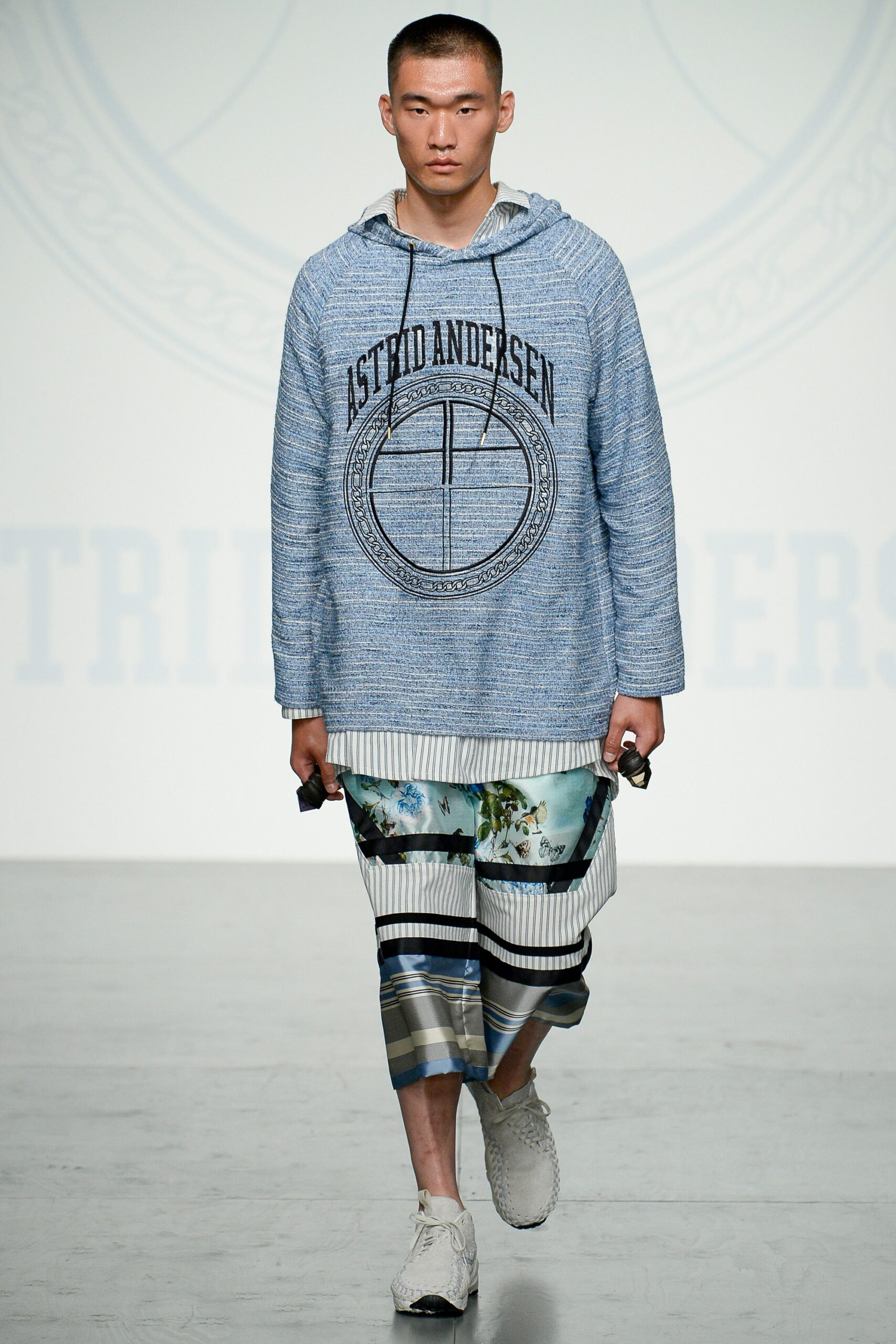 blue relaxed hoodie with striped pants