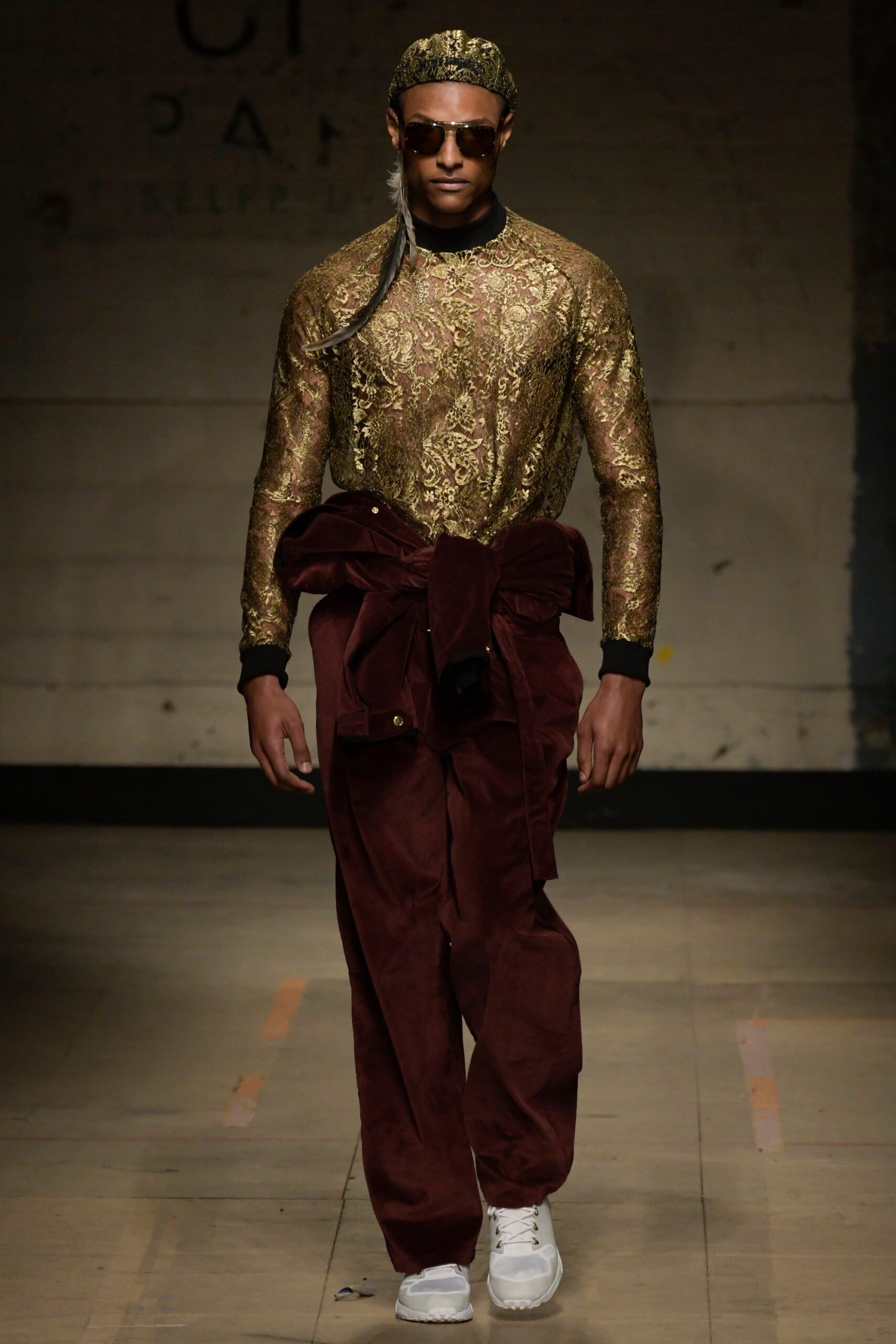 gold embroidered fitted top with maroon pants