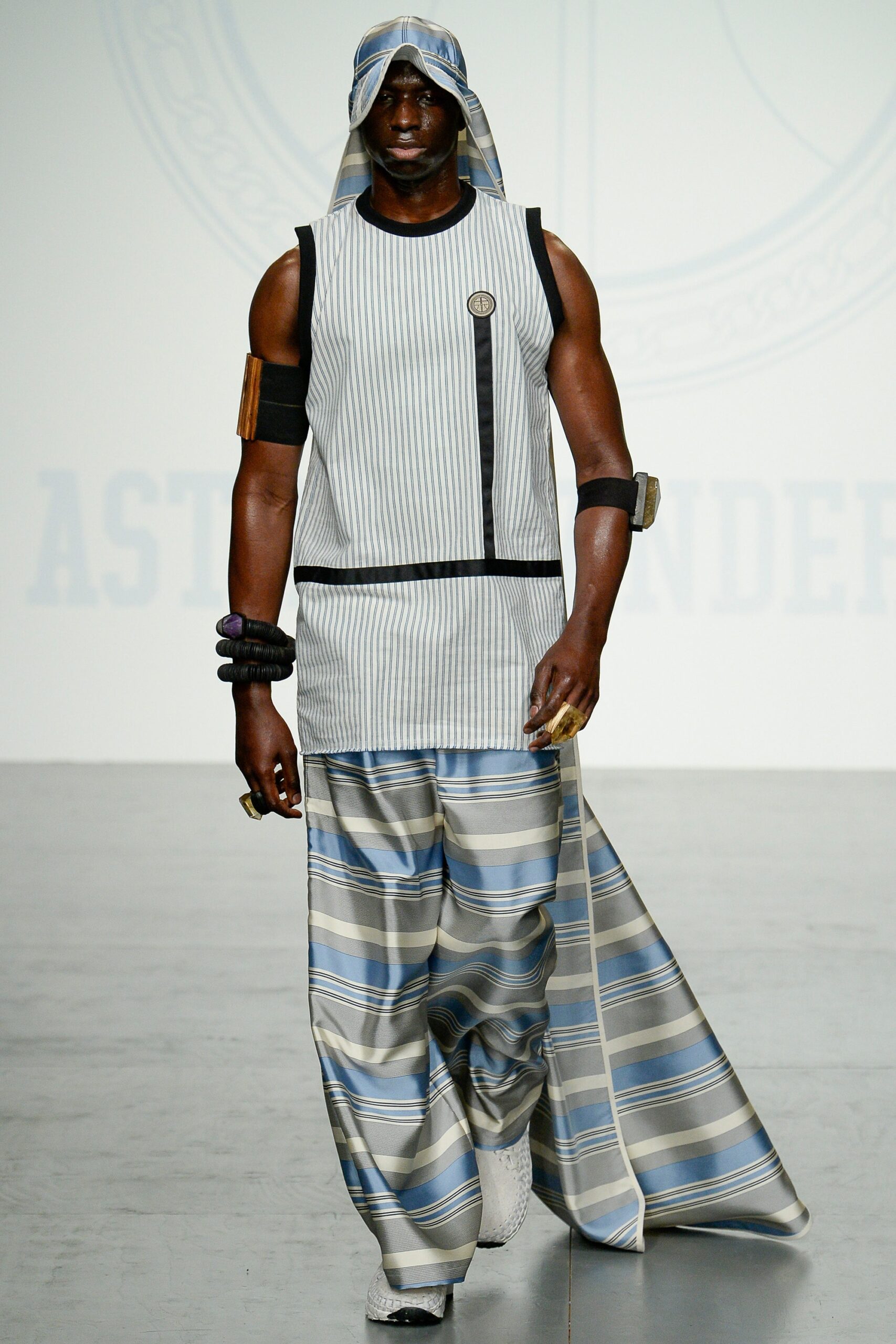 striped blue and white top and pants