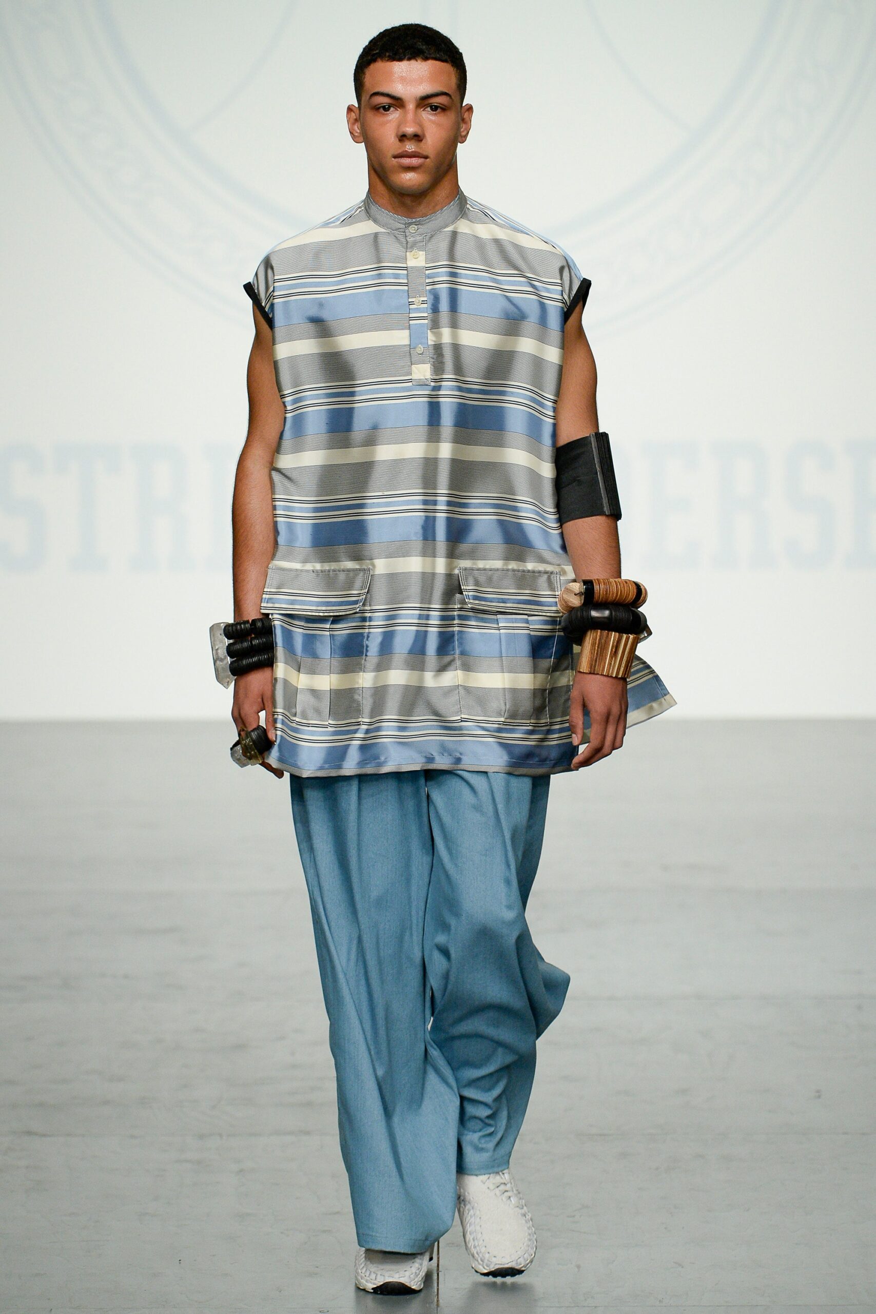 blue striped top and relaxed pants