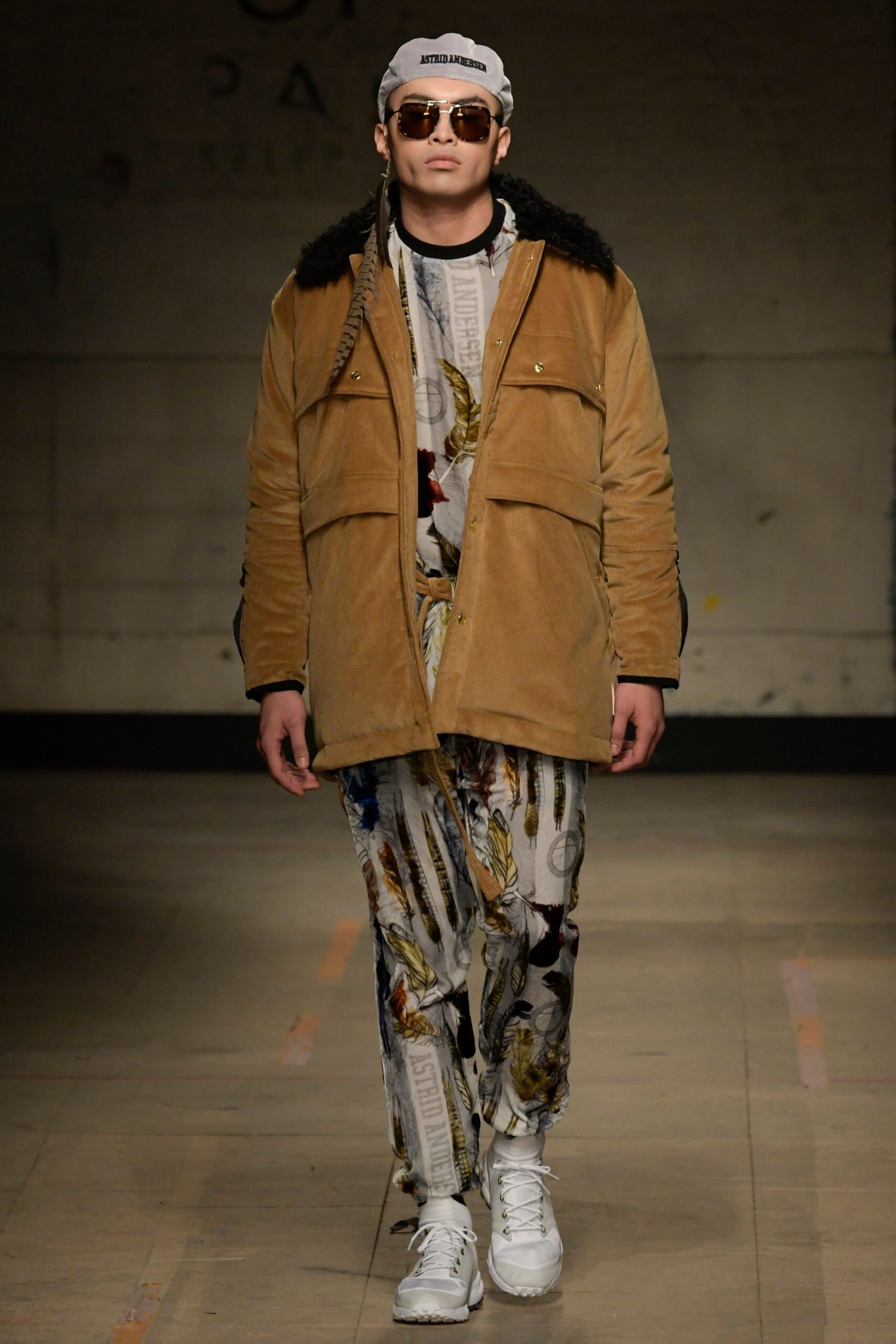 brown suede relaxed jacket with printed pants