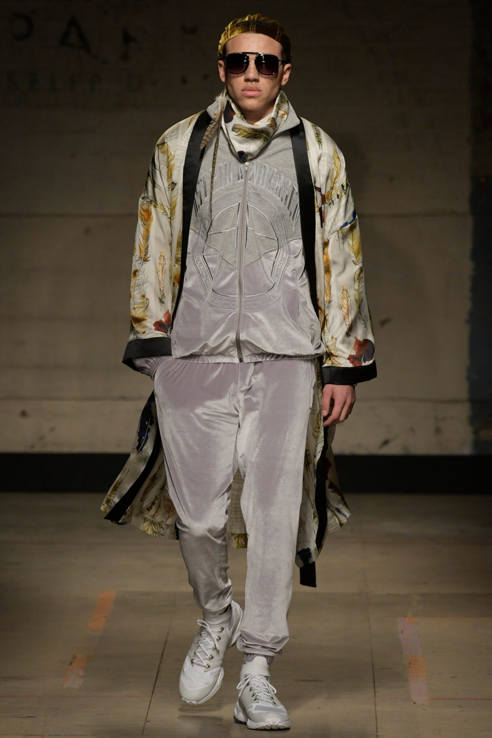 multi-colored silk coat with gray velvet jacket