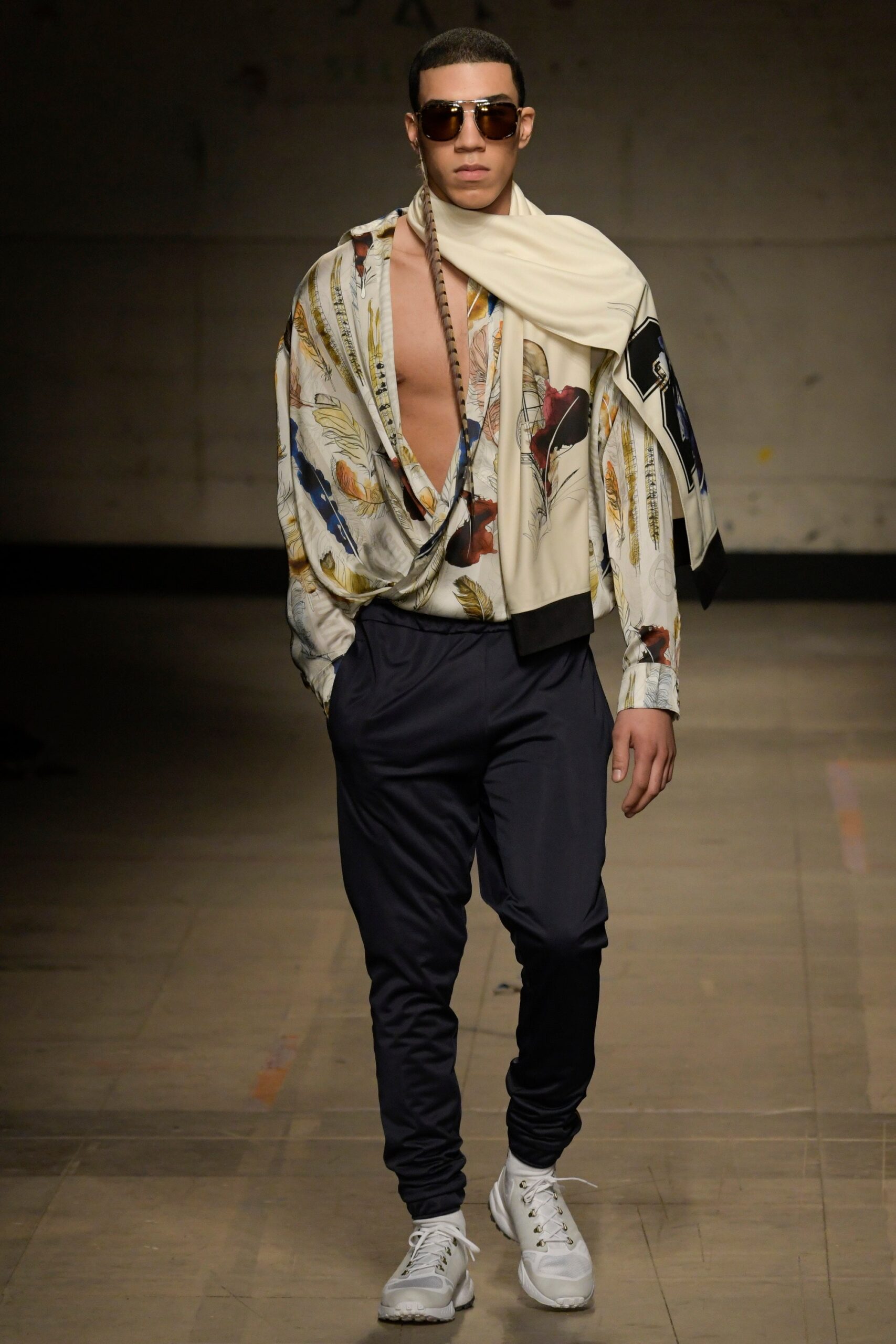 relaxed multi-colored shirt with navy pants