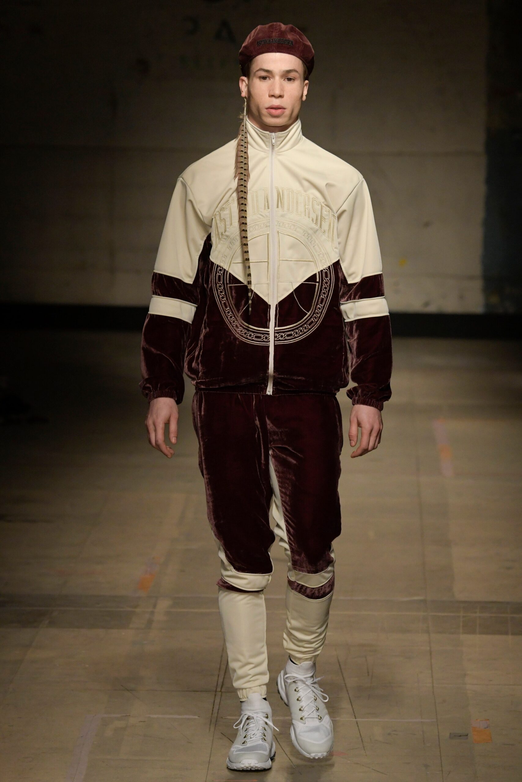 beige and maroon velvet tracksuit