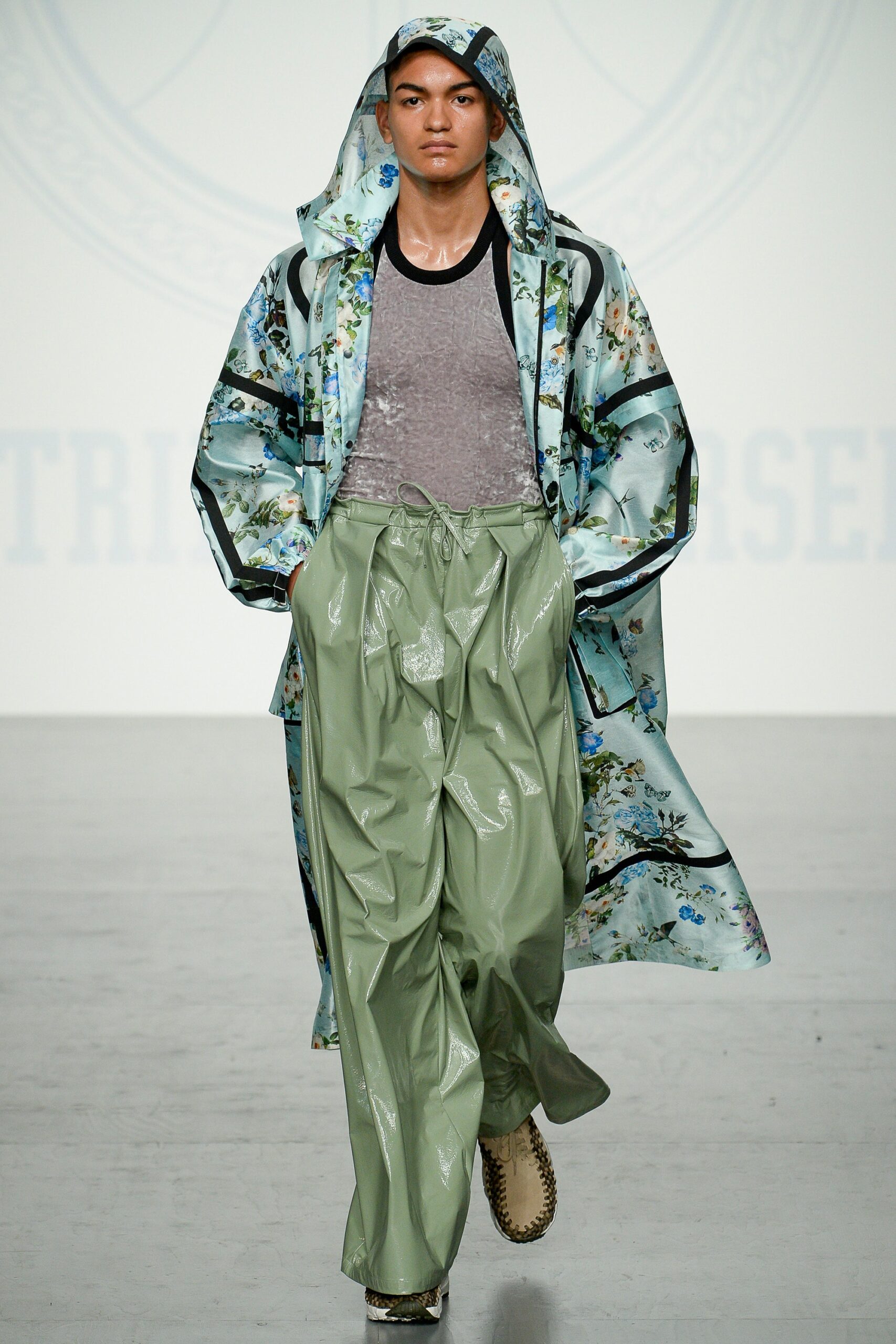 blue green vinyl coat with gray top