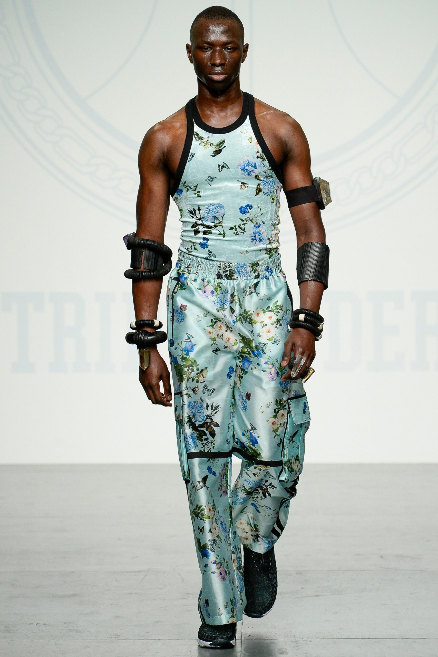 floral silk tank-top and cargo pants