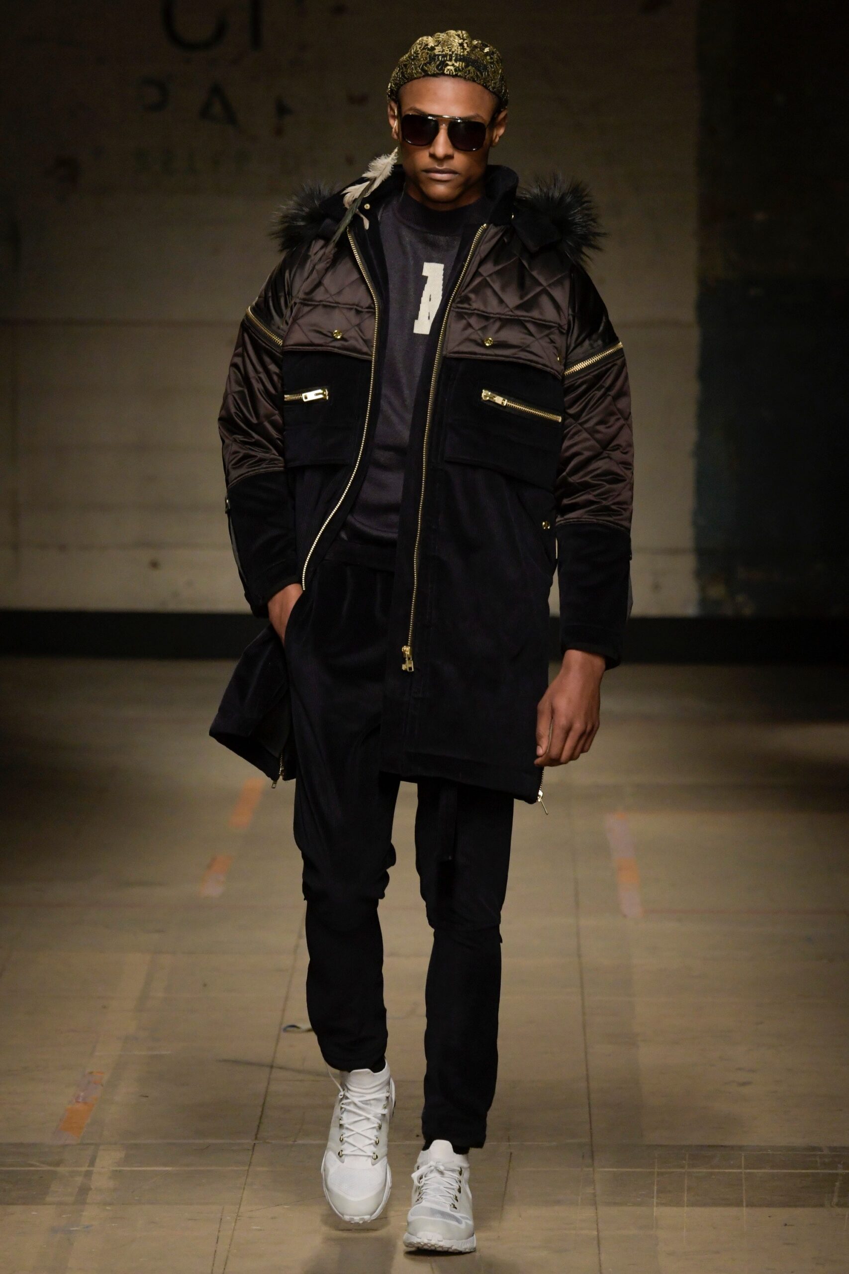 black faux-fur jacket with sunglasses