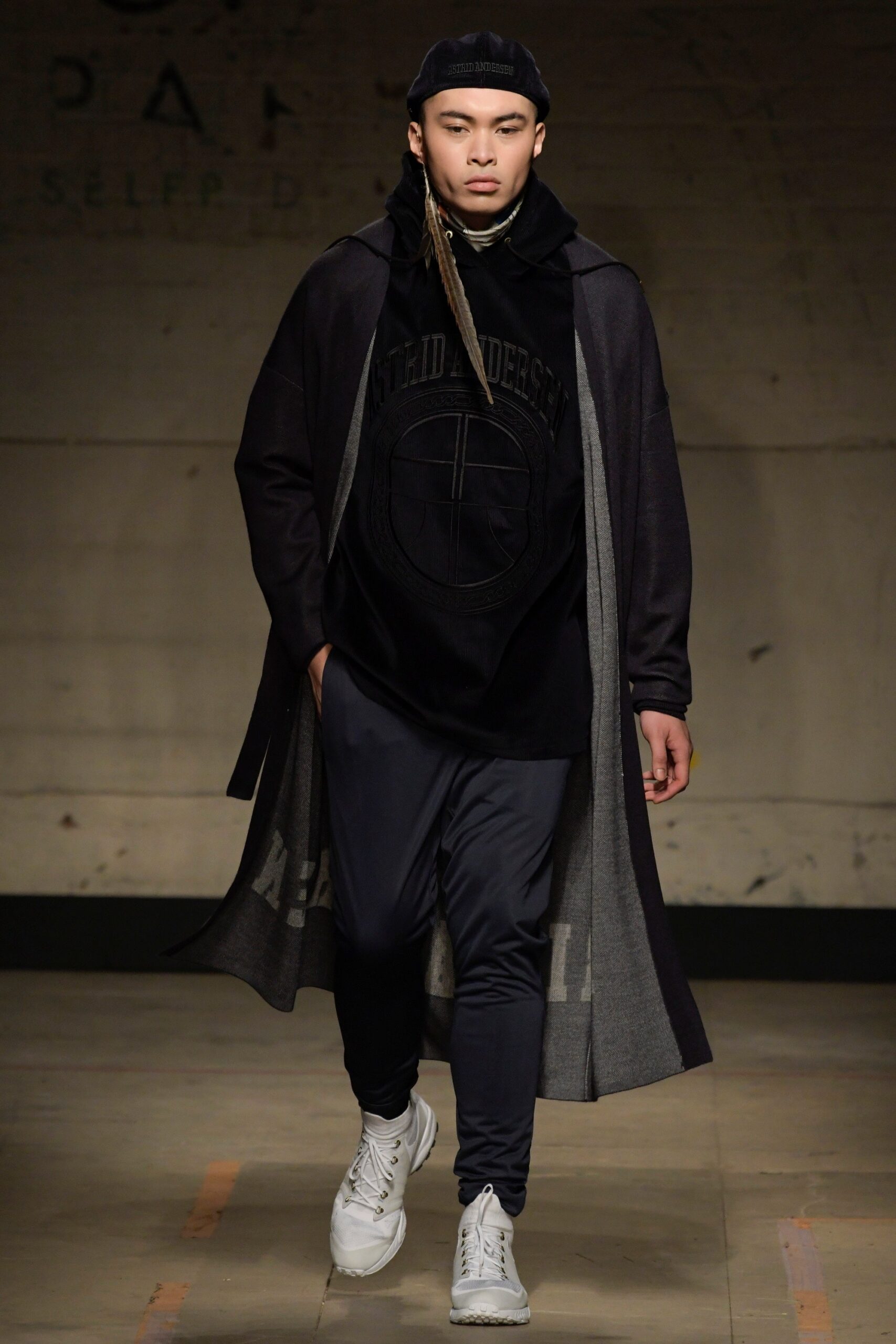 black wool long-sleeve collared relaxed layered midi coat