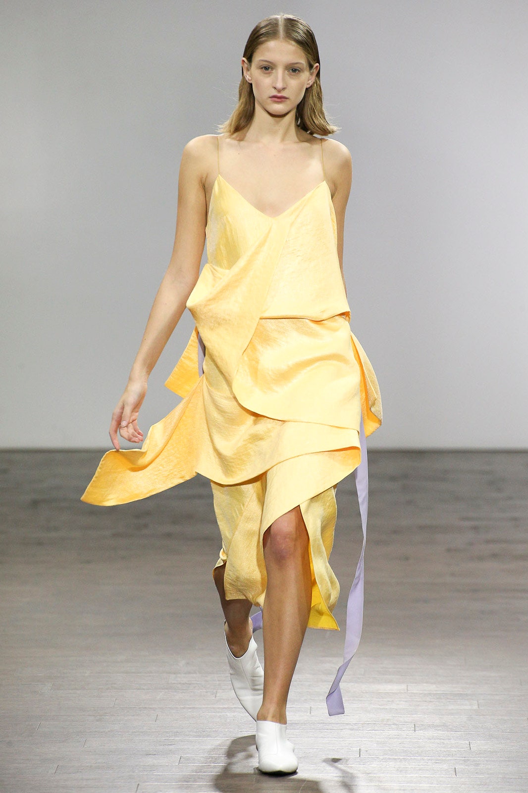 yellow draped satin midi dress