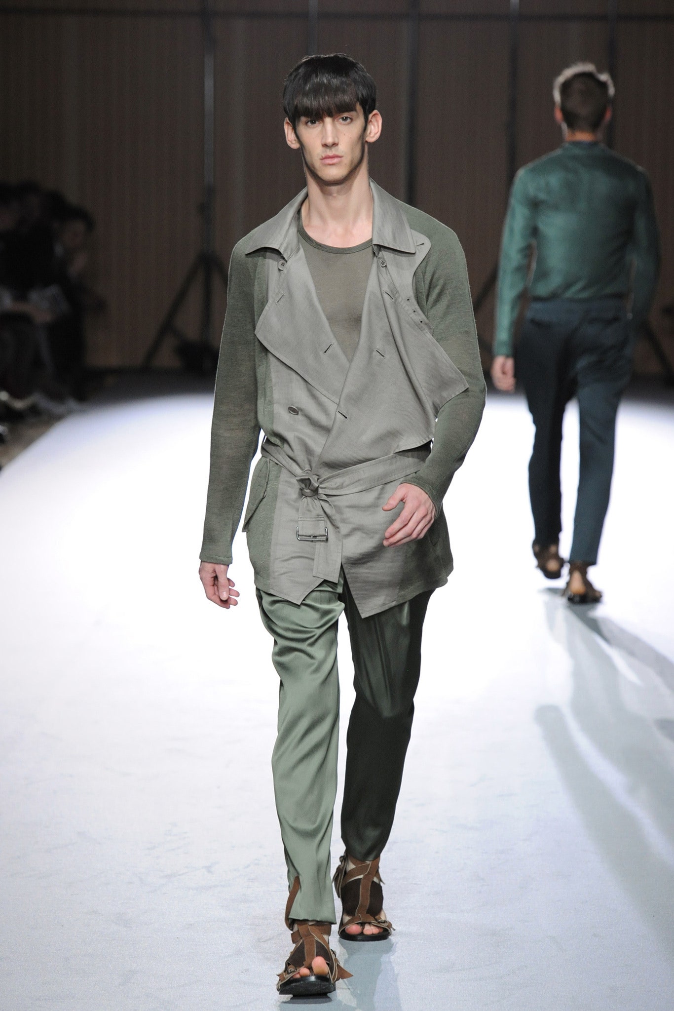 gray cotton long-sleeve collared relaxed layered belted jacket