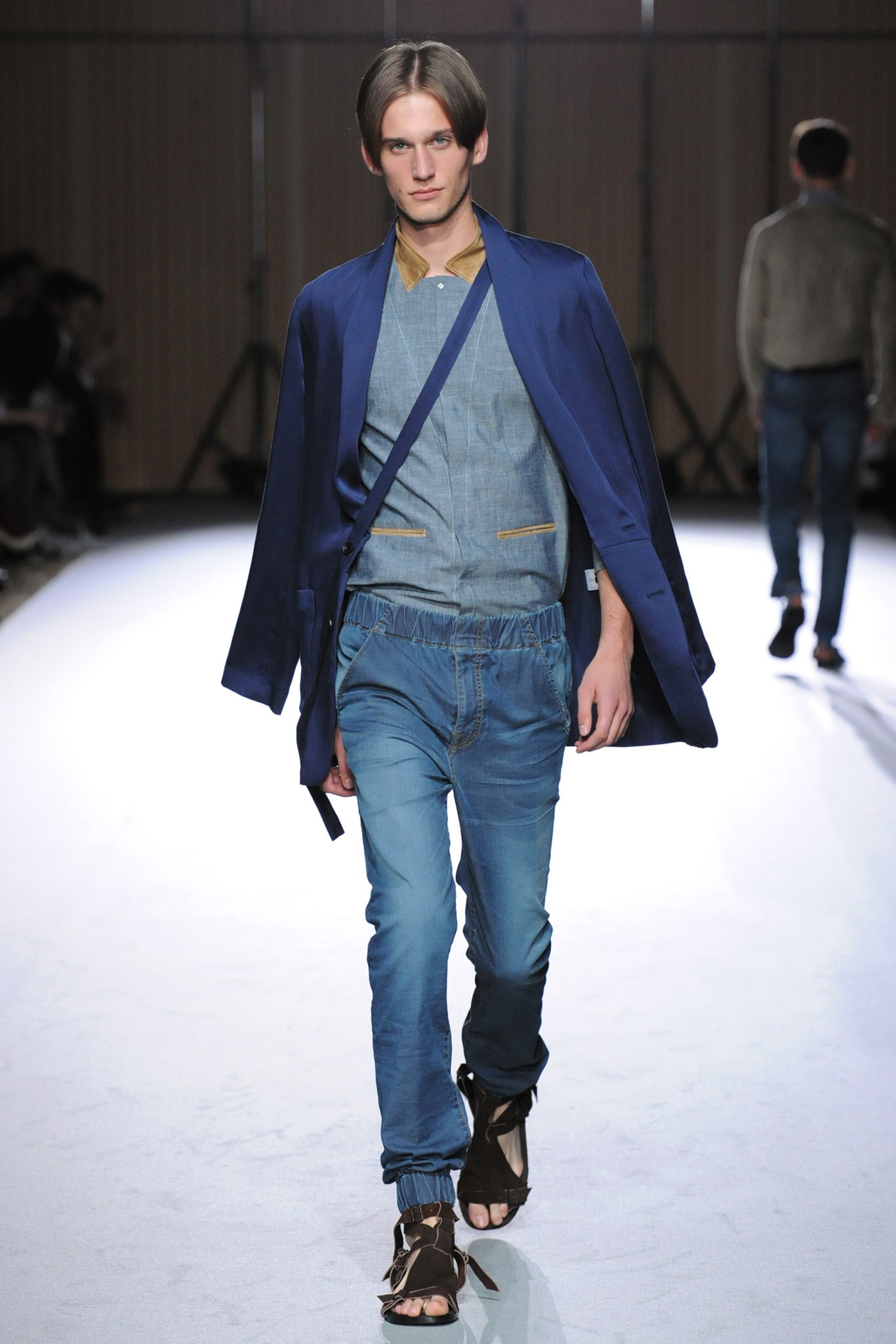 blue denim long-sleeve collared tailored buttoned jacket