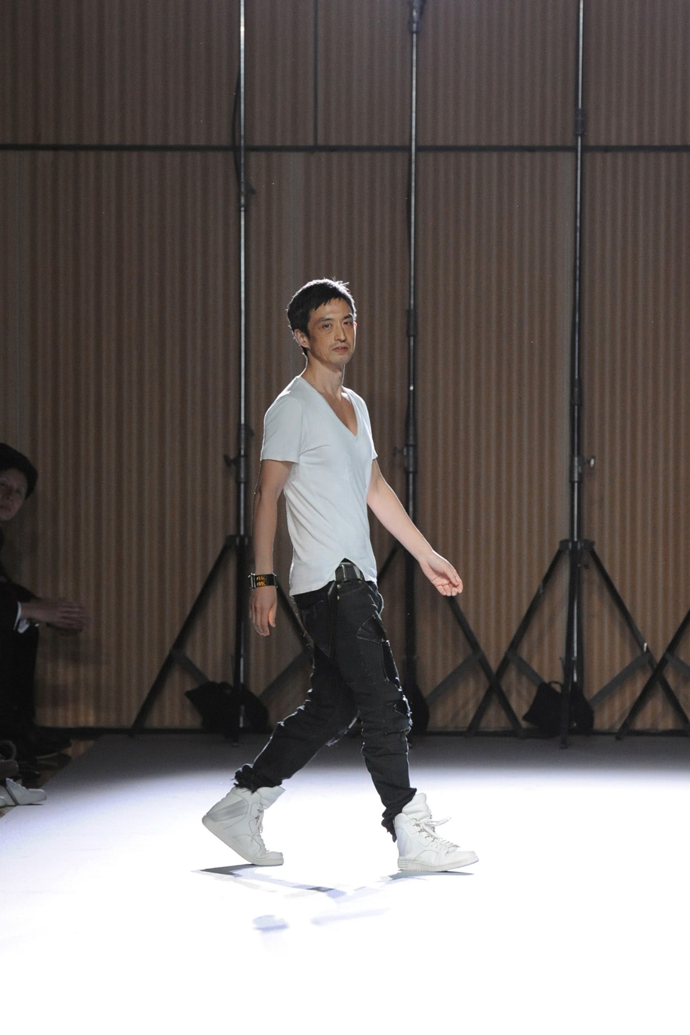 white fitted t-shirt and black relaxed pants
