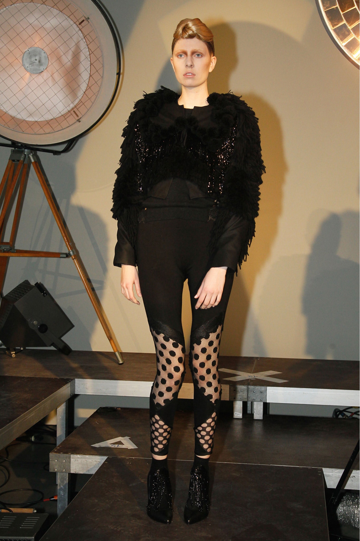 black silk long-sleeve fitted ruffled sequined top