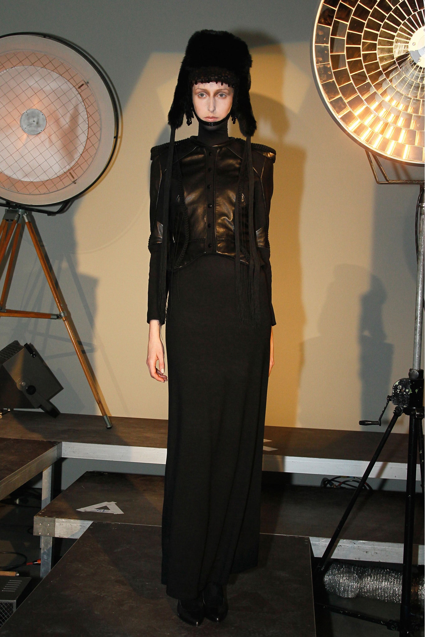 black leather maxi dress with fur hat