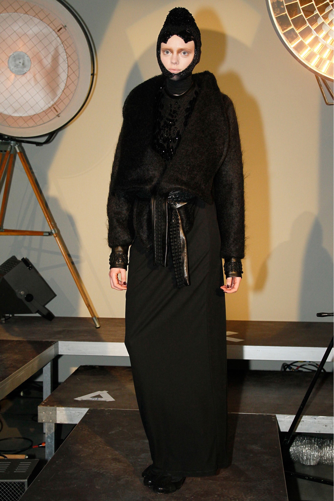 black wool long-sleeve high-neck fitted straight-leg belted dress