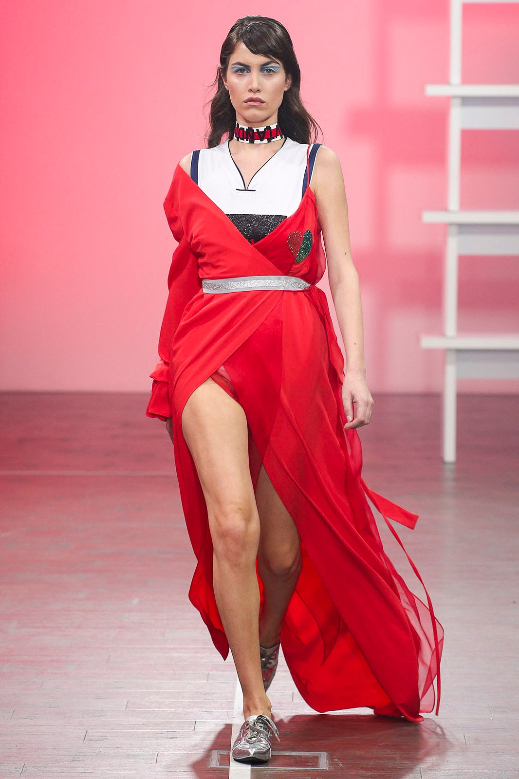 red chiffon draped dress